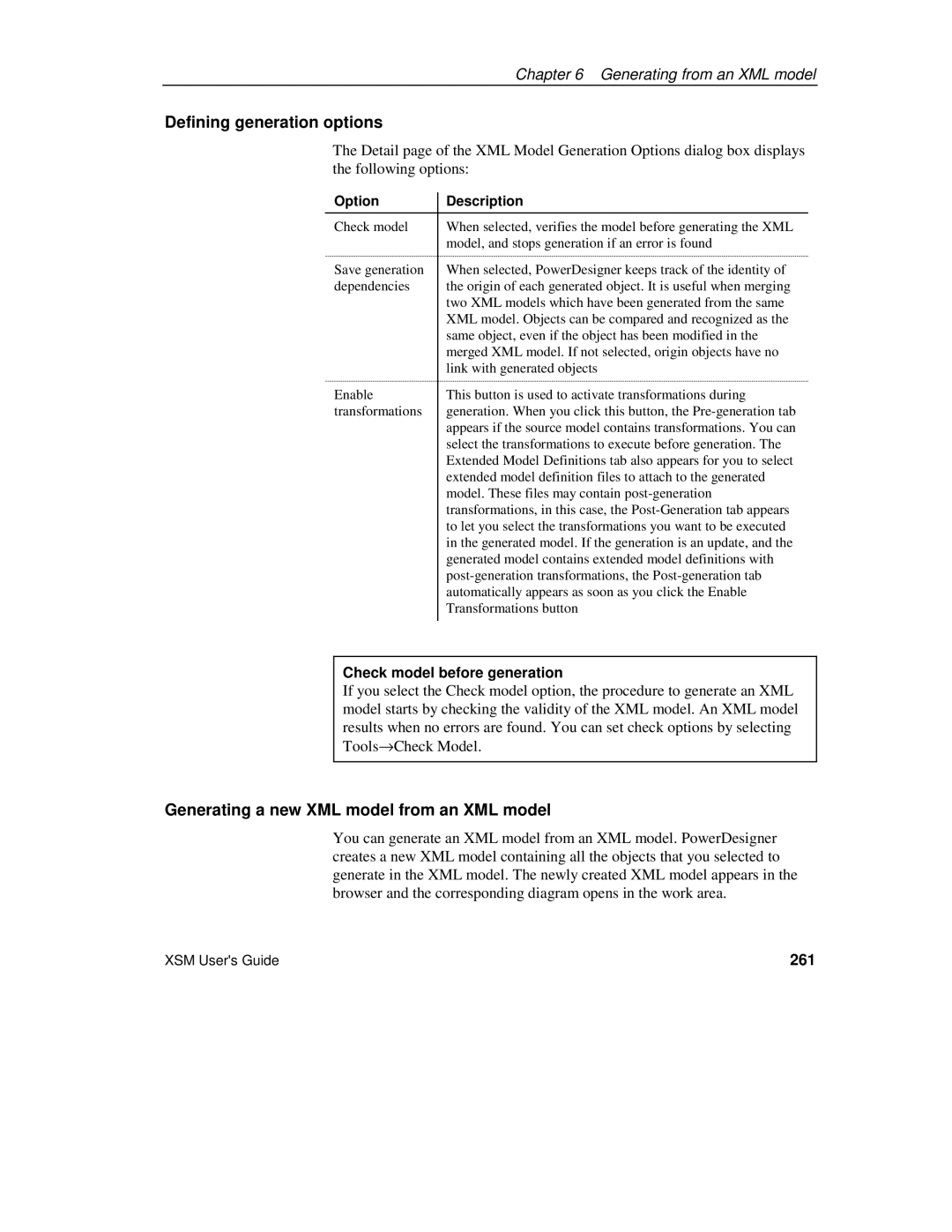 Sybase manual Generating a new XML model from an XML model, 261 