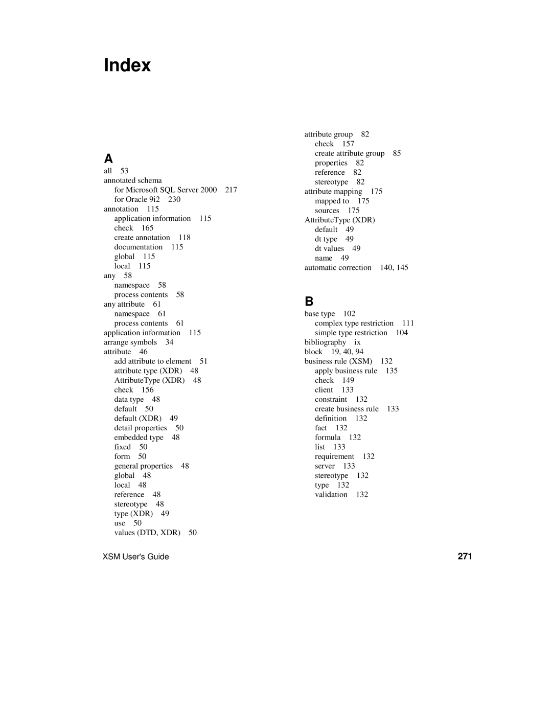 Sybase XML manual Index, 271 