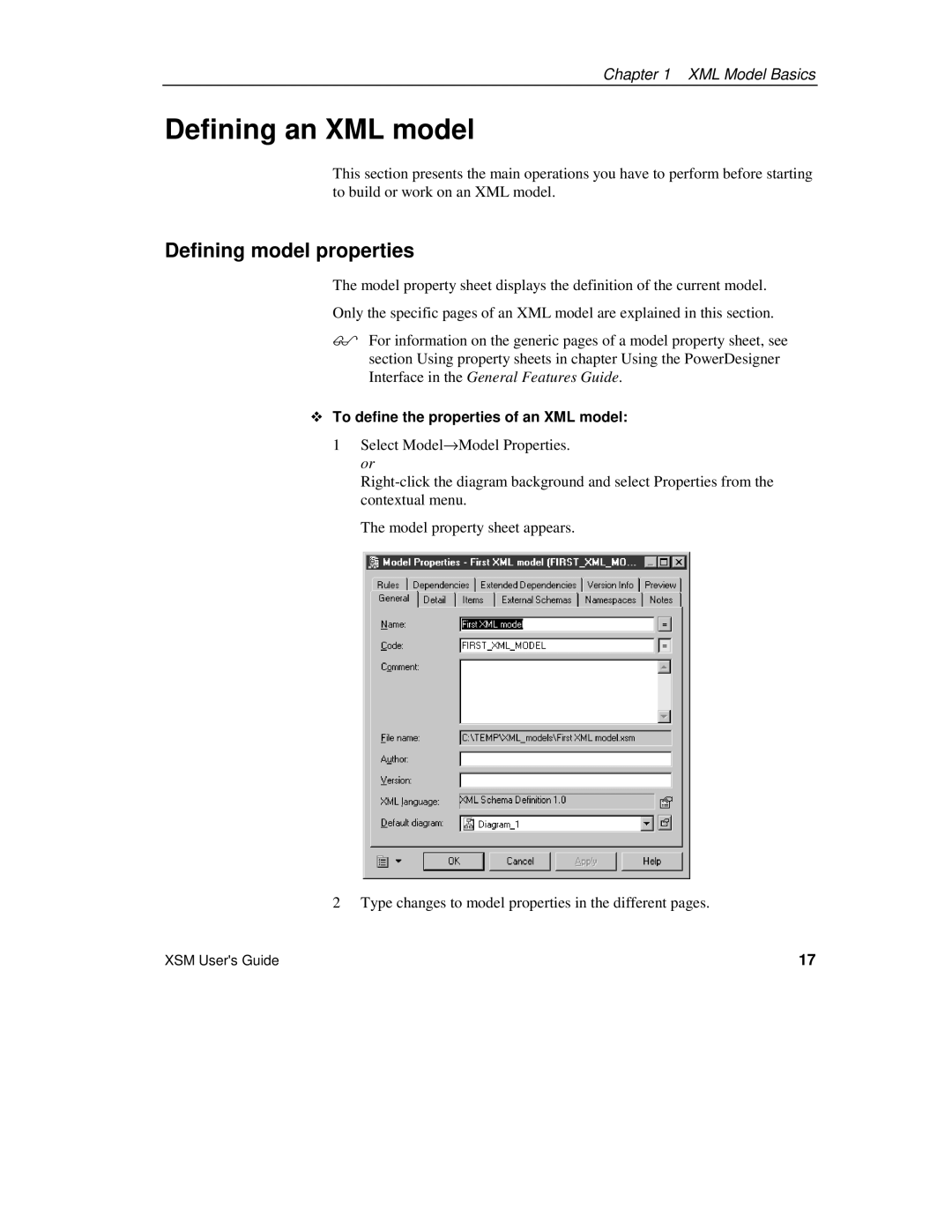 Sybase manual Defining an XML model, Defining model properties, ™ To define the properties of an XML model 