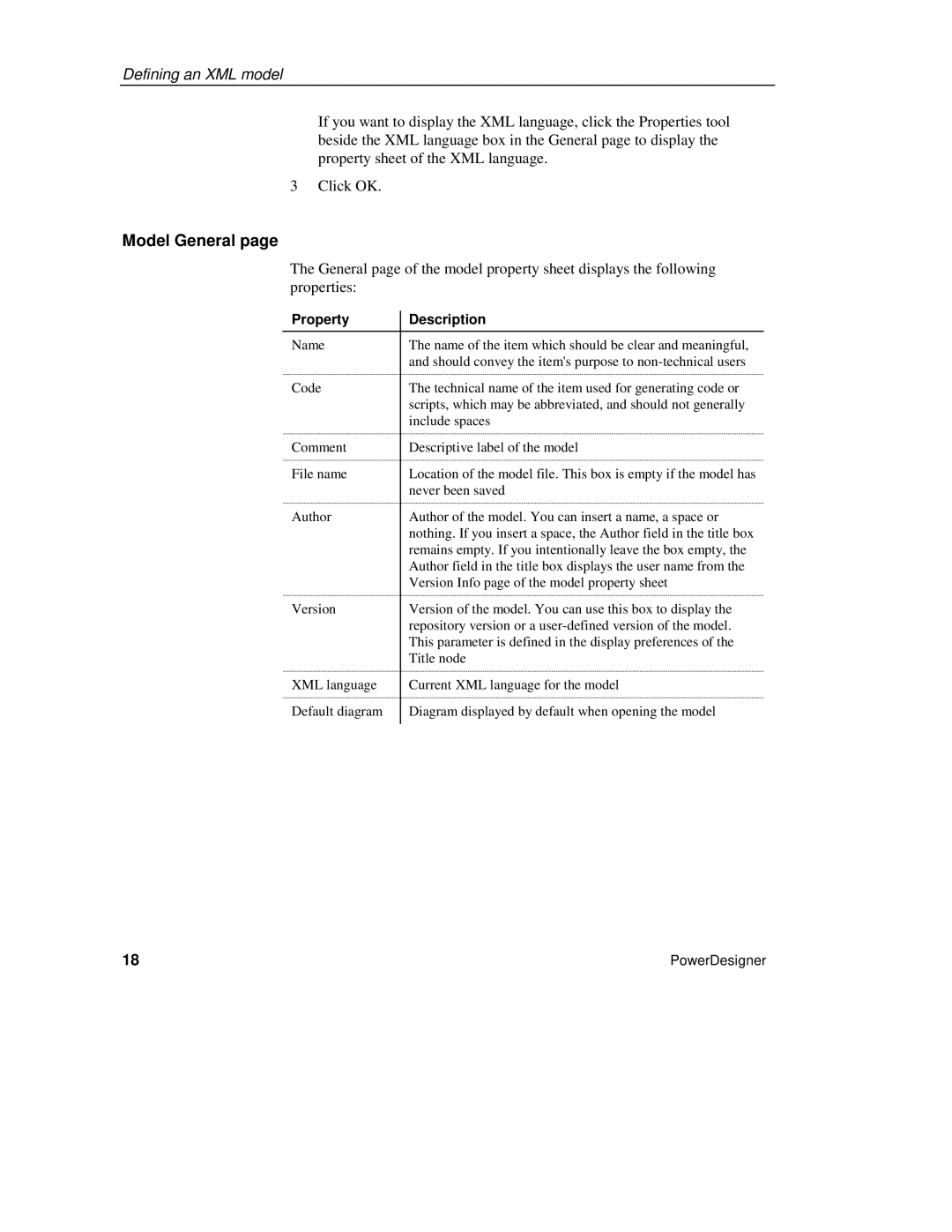 Sybase XML manual Model General, Property Description 