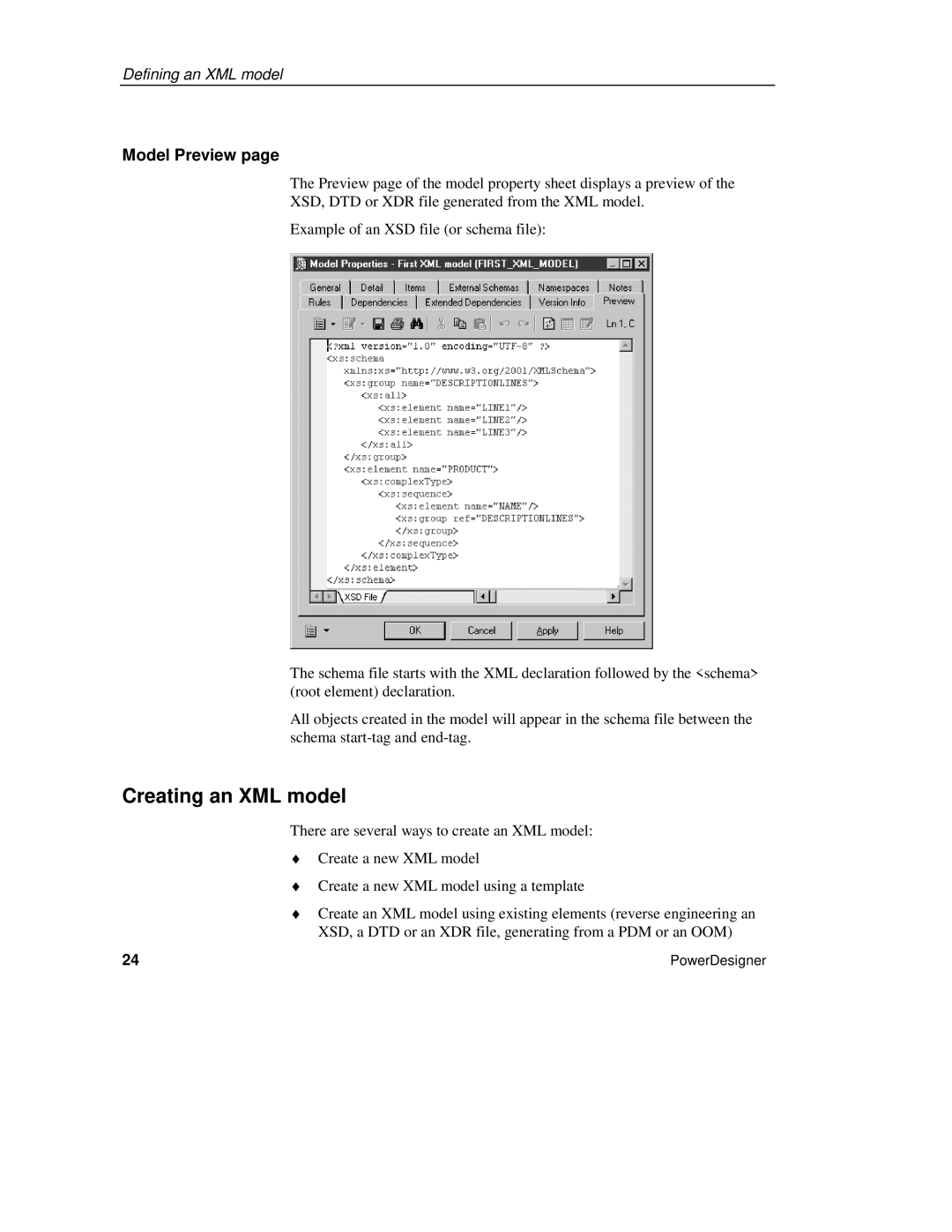 Sybase manual Creating an XML model, Model Preview 