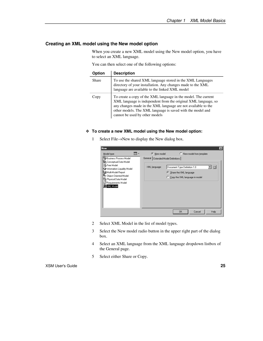 Sybase manual Creating an XML model using the New model option, ™ To create a new XML model using the New model option 