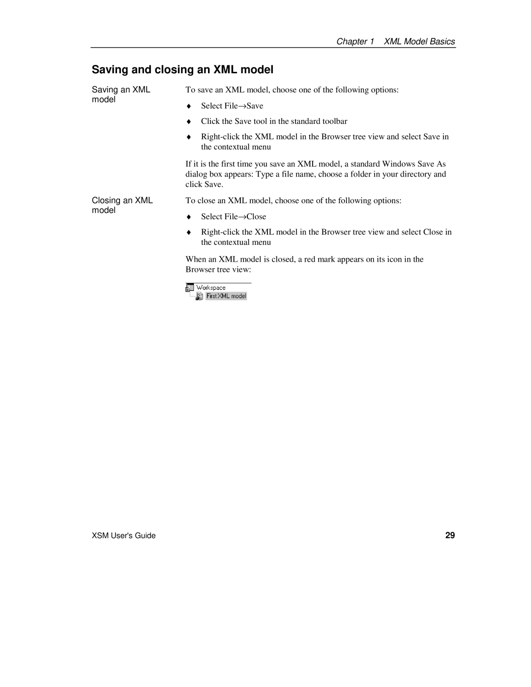 Sybase manual Saving and closing an XML model, Saving an XML, Model, Closing an XML model 