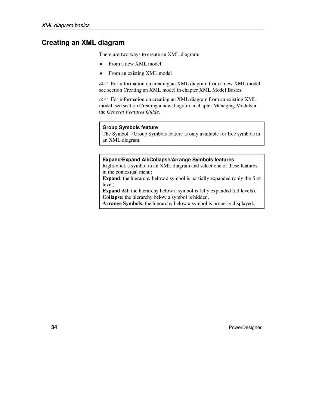 Sybase manual Creating an XML diagram, Group Symbols feature, Expand/Expand All/Collapse/Arrange Symbols features 