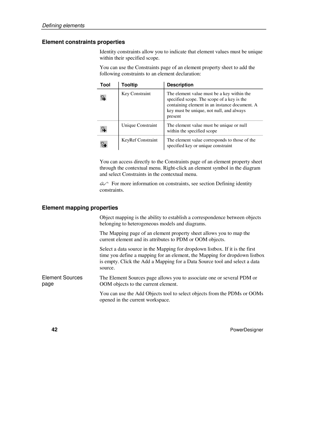 Sybase XML manual Element constraints properties, Element mapping properties, Element Sources 