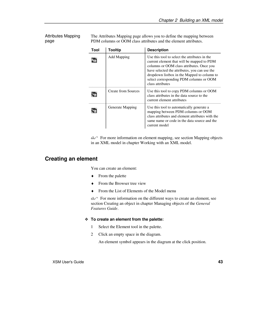 Sybase XML manual Creating an element, Attributes Mapping, ™ To create an element from the palette 