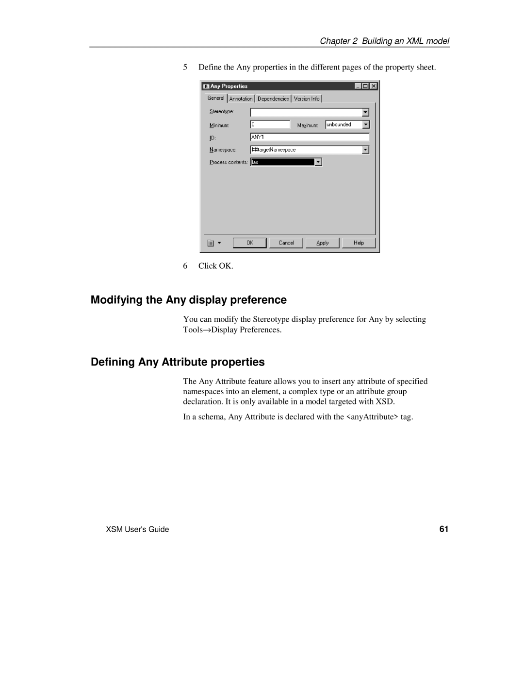 Sybase XML manual Modifying the Any display preference, Defining Any Attribute properties 