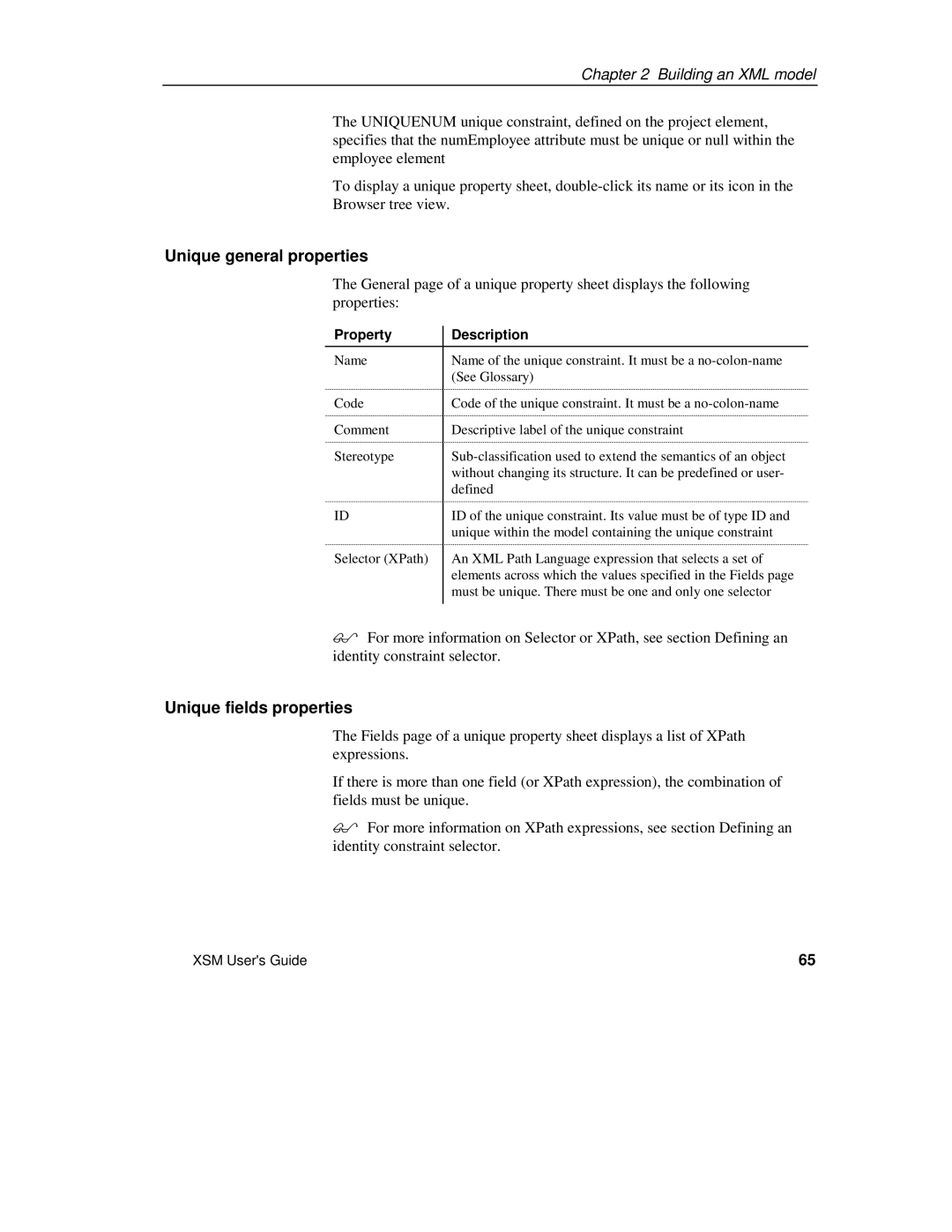 Sybase XML manual Unique general properties, Unique fields properties 