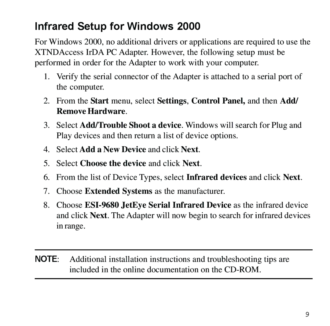 Sybase XTNDAccessTM manual Infrared Setup for Windows 