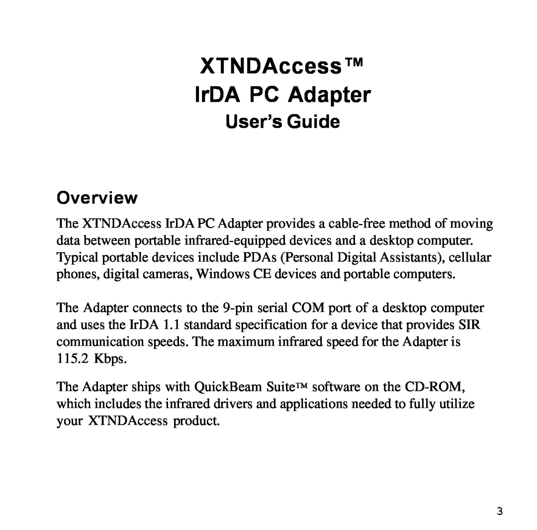 Sybase XTNDAccessTM manual Overview, XTNDAccess IrDA PC Adapter, User’s Guide 