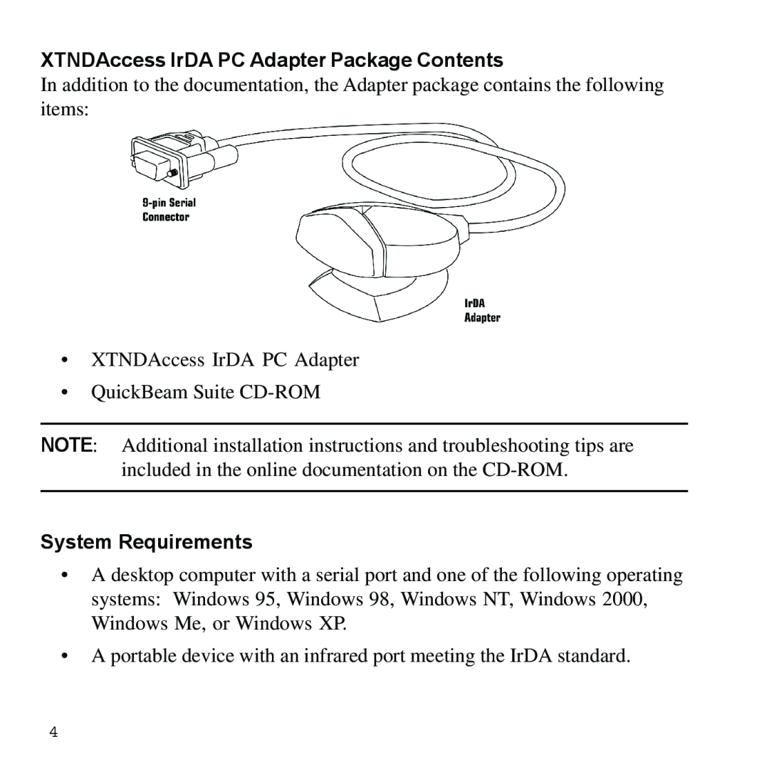 Sybase XTNDAccessTM manual XTNDAccess IrDA PC Adapter Package Contents, System Requirements 