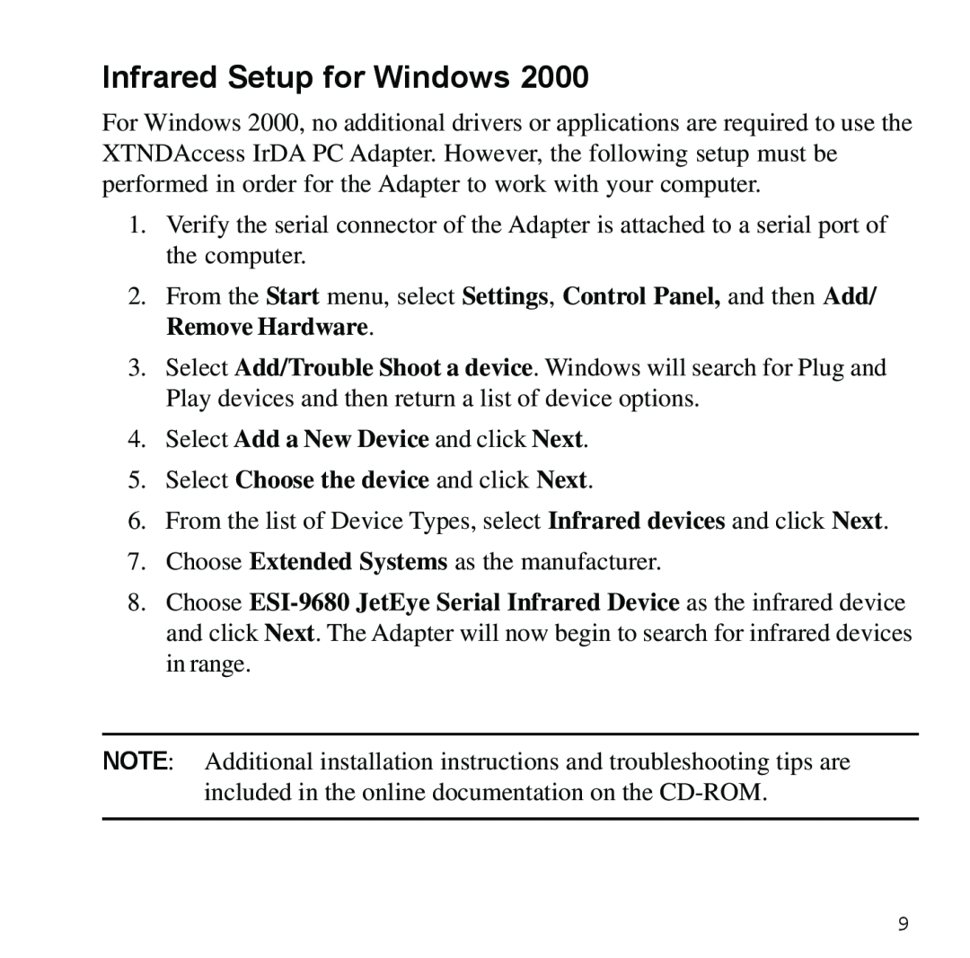 Sybase XTNDAccessTM manual Infrared Setup for Windows, Select Add a New Device and click Next 
