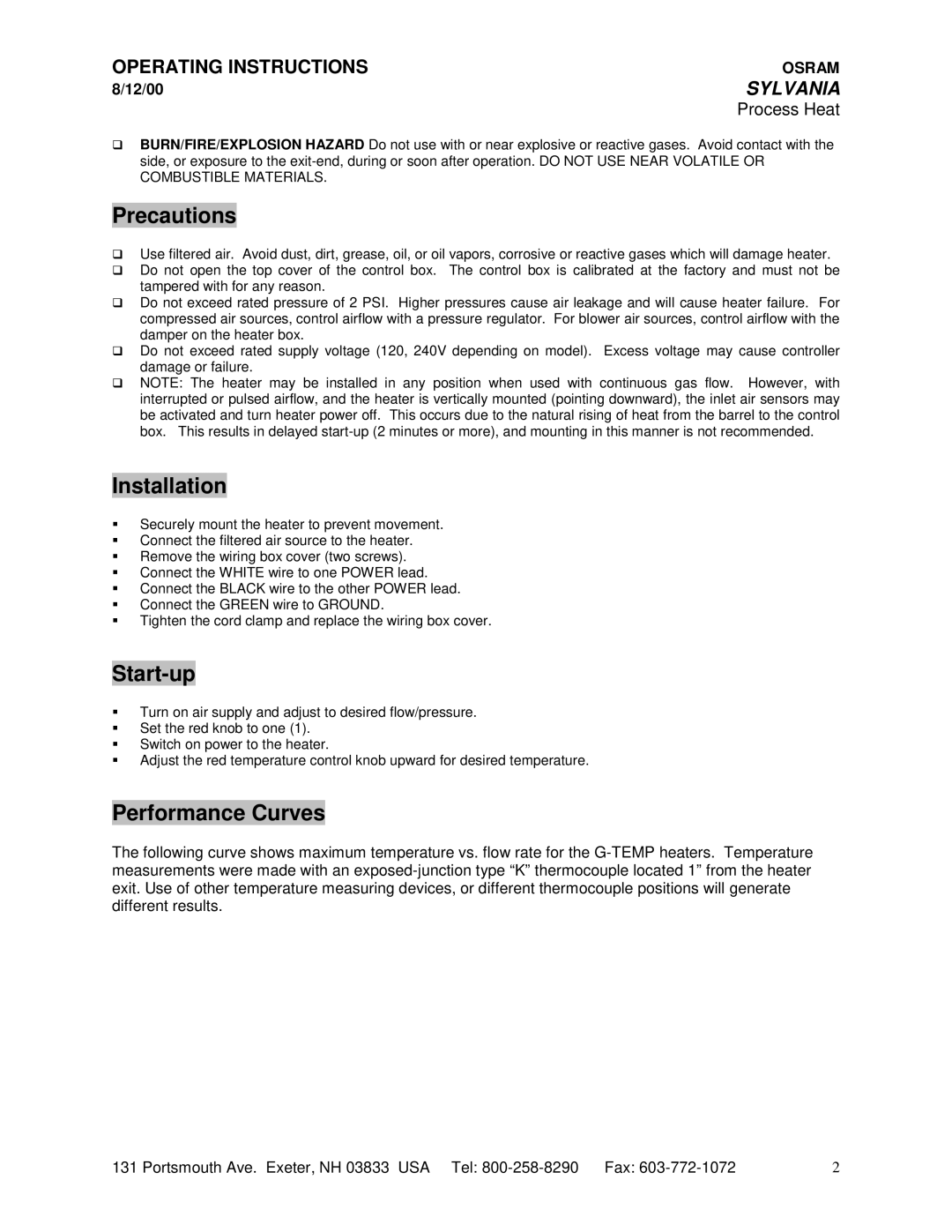 Sylvania 065253, 070282, 066136 specifications Precautions, Installation, Start-up, Performance Curves 