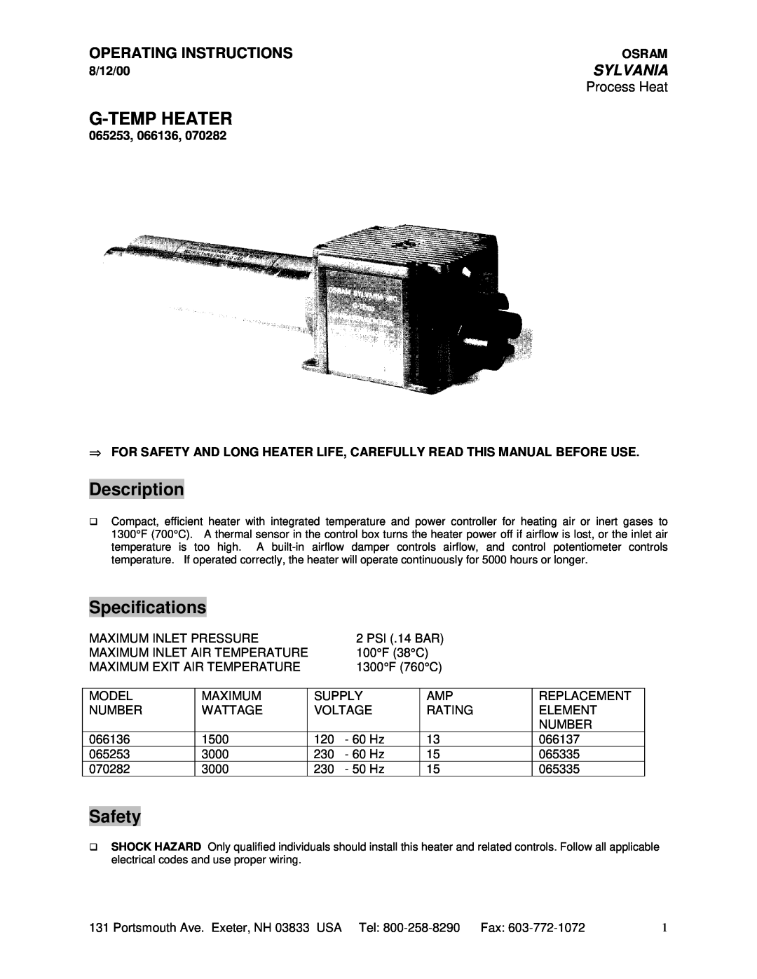 Sylvania 066136 specifications G-Tempheater, Description, Specifications, Safety, Operating Instructions, Sylvania, Osram 
