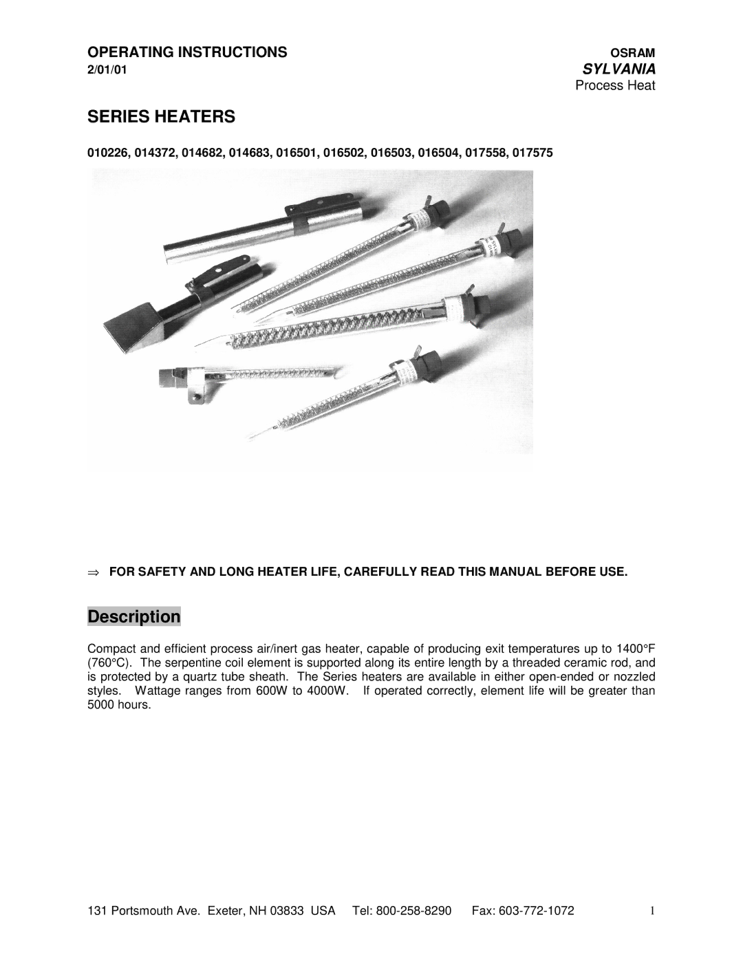 Sylvania 10226 manual Series Heaters, Description 