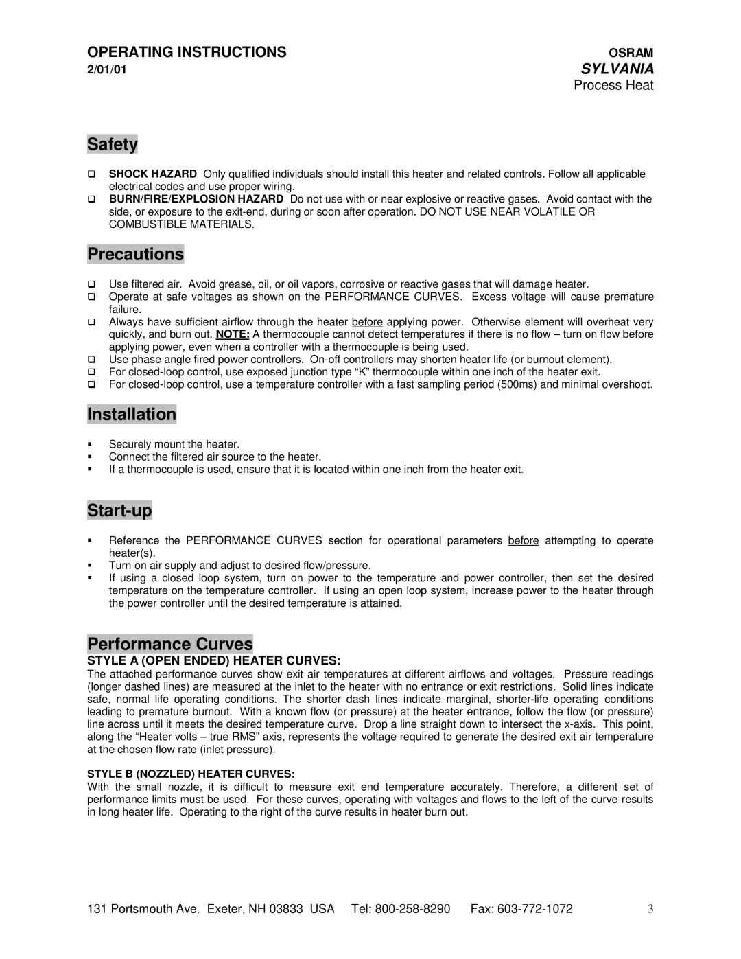 Sylvania 10226 manual Safety, Precautions, Installation, Start-up, Performance Curves 