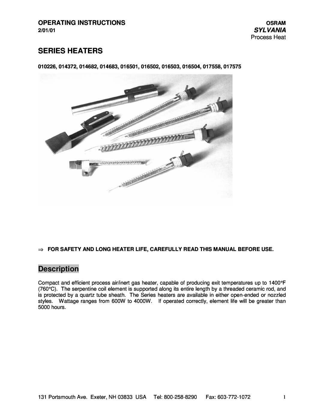 Sylvania 10226 manual Series Heaters, Description, Operating Instructions, Sylvania, Process Heat, Osram, 2/01/01 