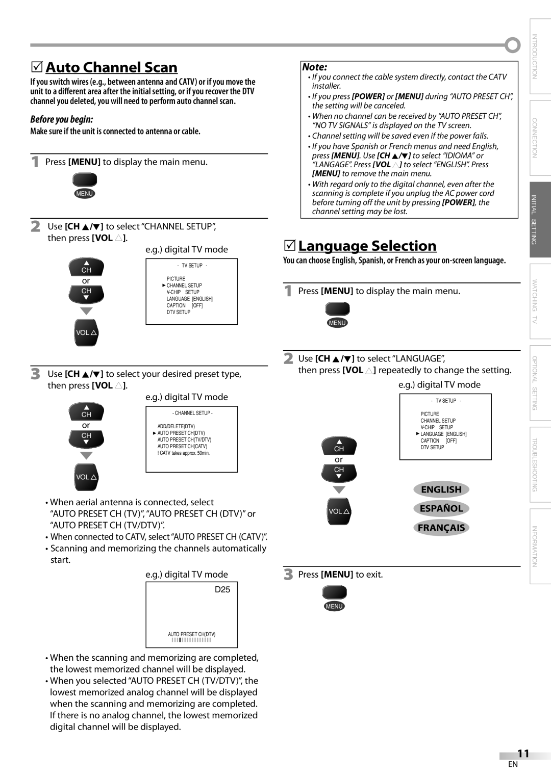 Sylvania 27 owner manual Auto Channel Scan, Language Selection, English, Español, Français 