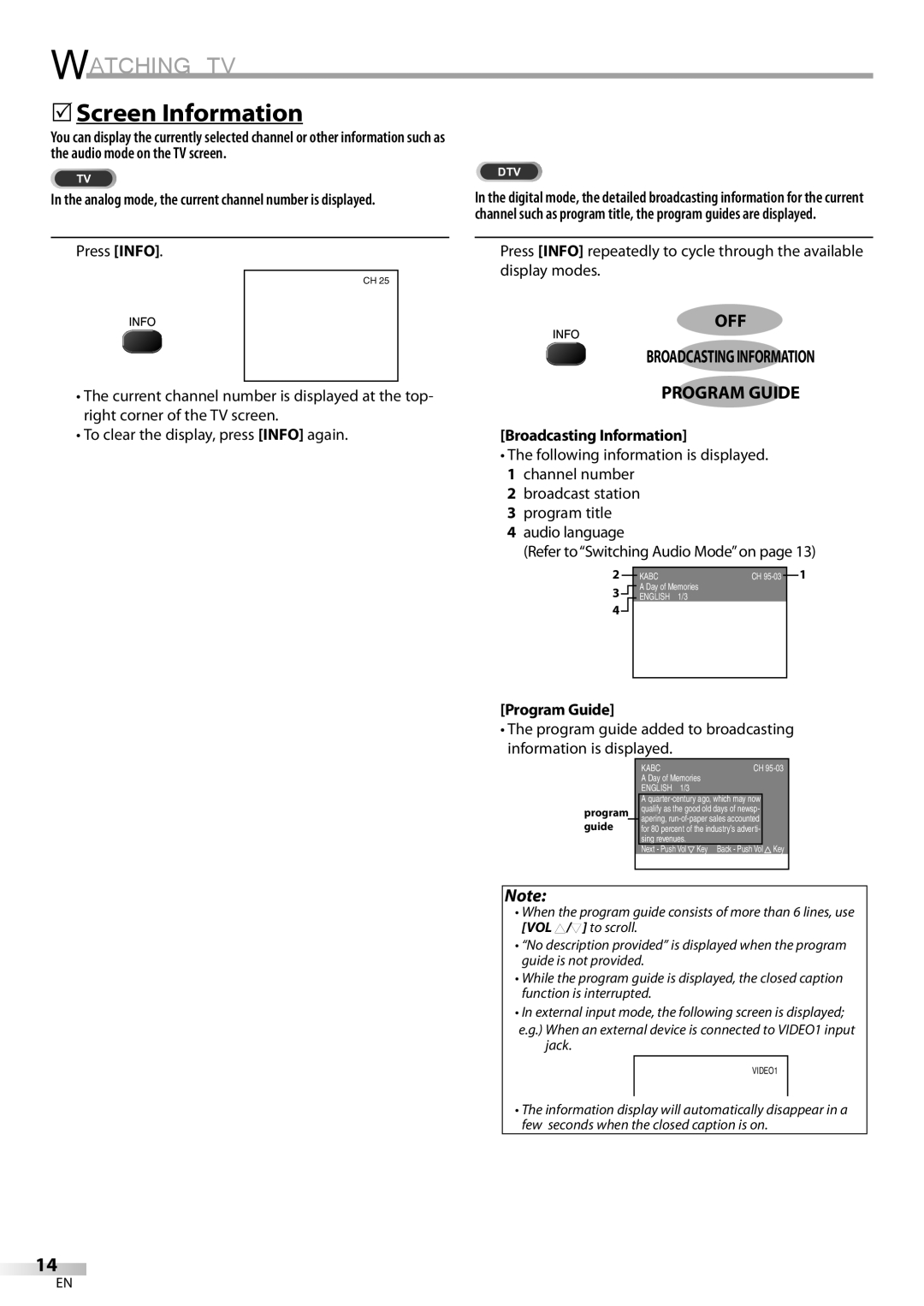 Sylvania 27 owner manual Screen Information, Press Info, Broadcasting Information, Program Guide 