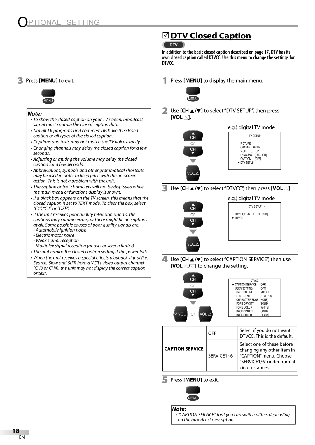 Sylvania 27 owner manual 5DTV Closed Caption, Dtvcc, Use CH K/L to select DTVCC, then press VOL Digital TV mode 