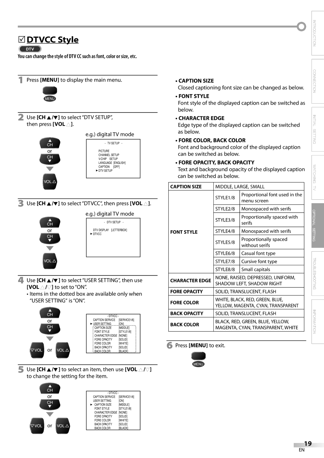 Sylvania 27 owner manual Dtvcc Style, Font Style, Character Edge, Fore COLOR, Back Color, Fore OPACITY, Back Opacity 