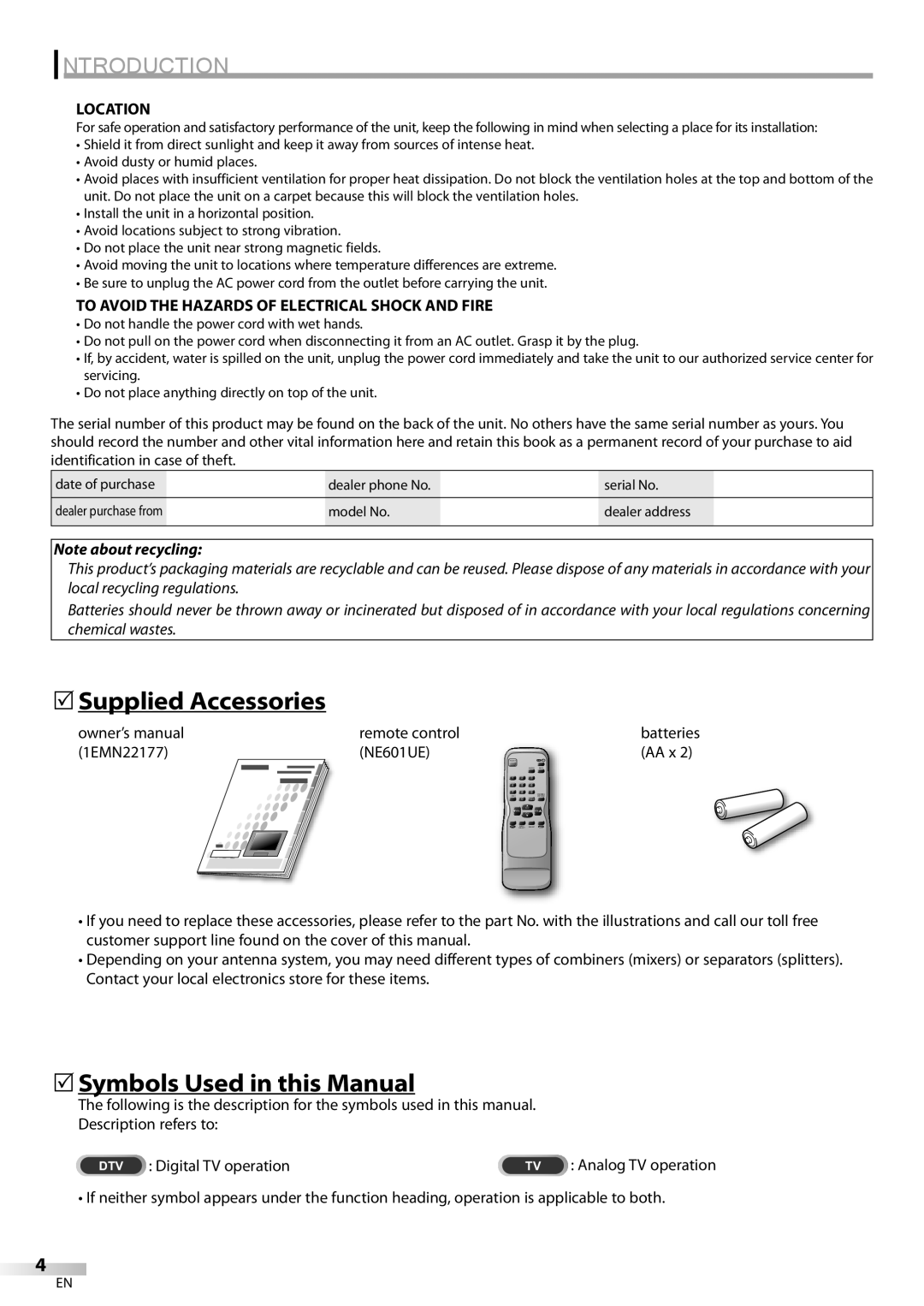 Sylvania 27 Supplied Accessories, Symbols Used in this Manual, Location, To Avoid the Hazards of Electrical Shock and Fire 