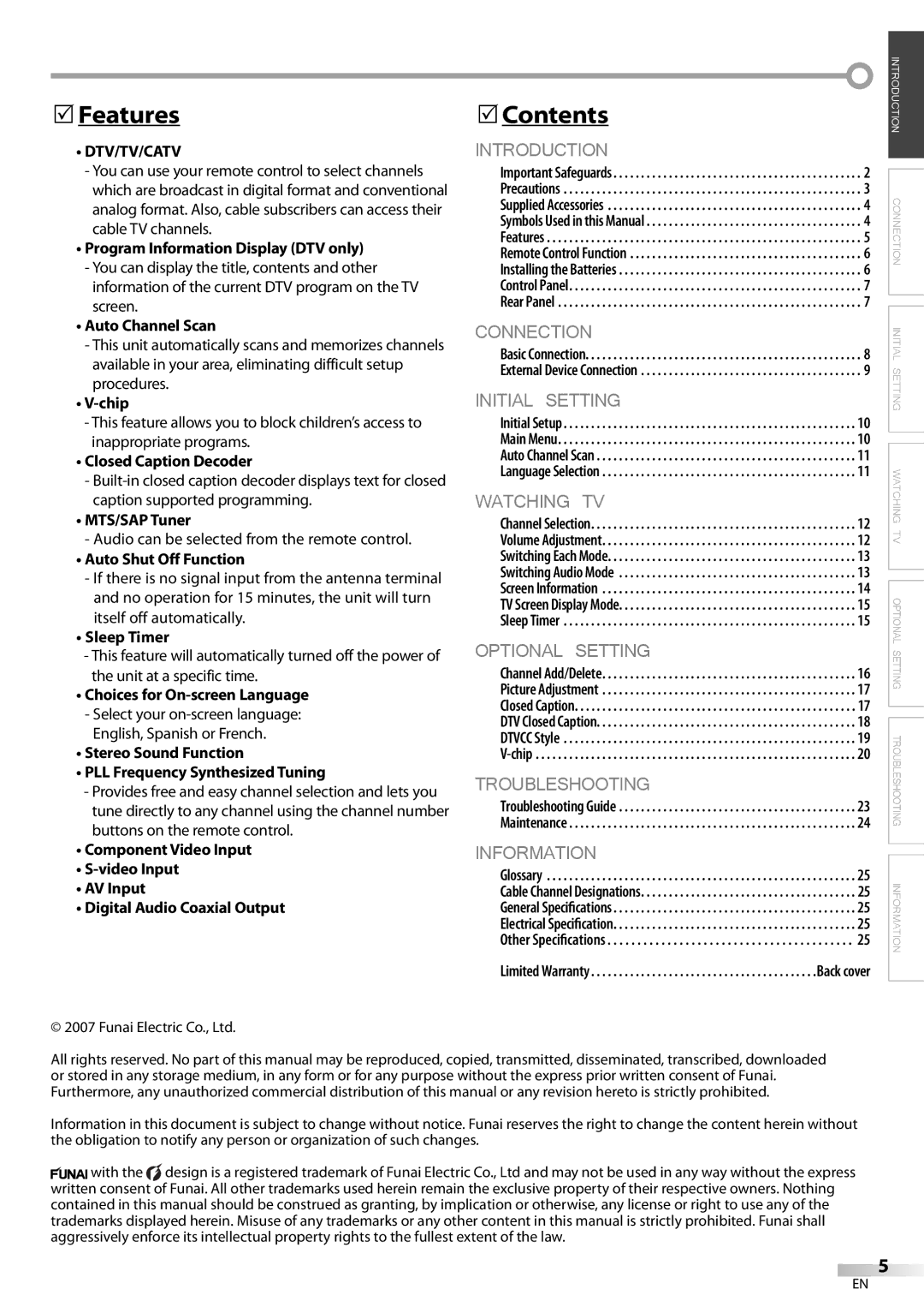 Sylvania 27 owner manual Features, Contents, Dtv/Tv/Catv 