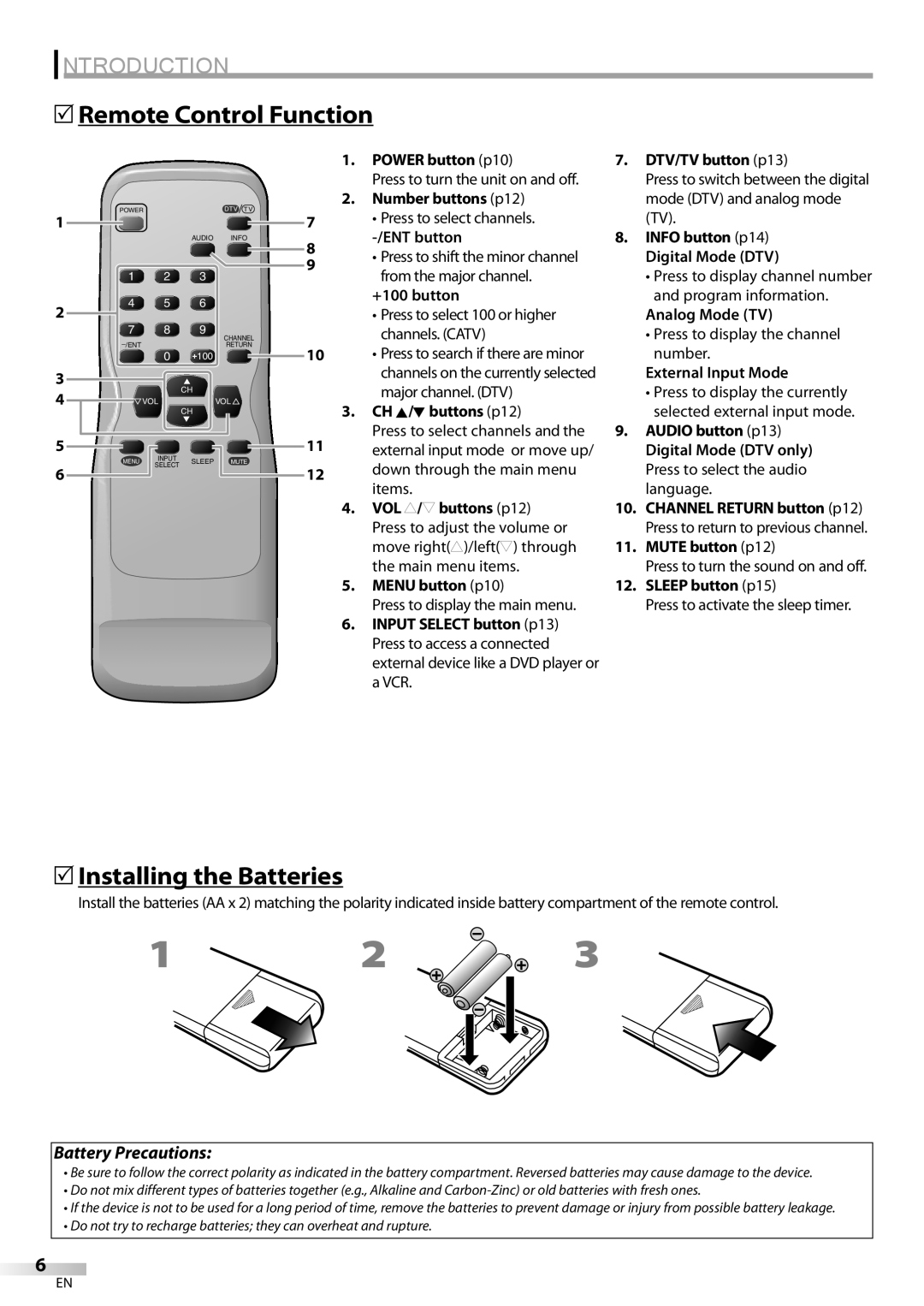 Sylvania 27 owner manual Remote Control Function, Installing the Batteries 