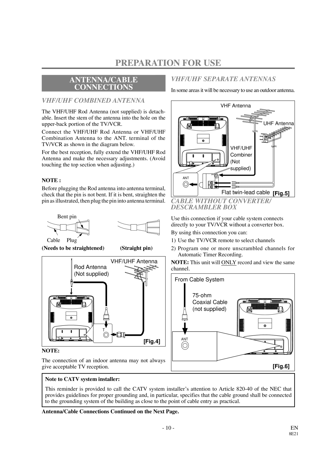 Sylvania 3819LC owner manual Preparation for USE, Antenna/Cable, VHF/UHF Separate Antennas, VHF/UHF Combined Antenna 