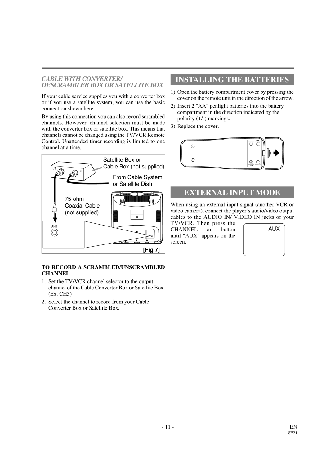 Sylvania 3819LC Installing the Batteries, External Input Mode, Cable with CONVERTER/ Descrambler BOX or Satellite BOX 