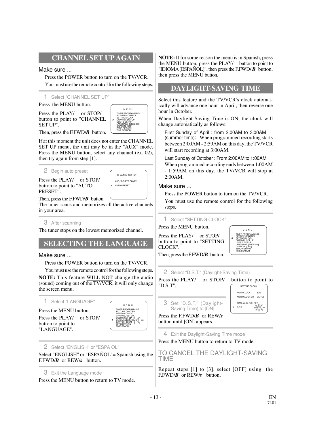 Sylvania 3819LC owner manual Channel SET UP Again, Selecting the Language, To Cancel the DAYLIGHT-SAVING Time 