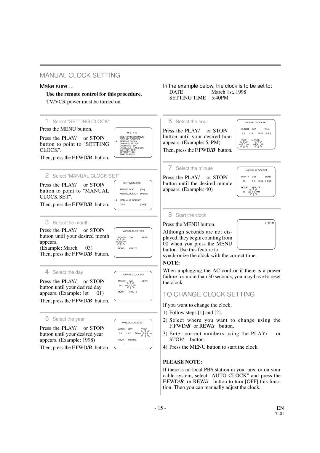 Sylvania 3819LC owner manual Manual Clock Setting, To Change Clock Setting, Clock SET 