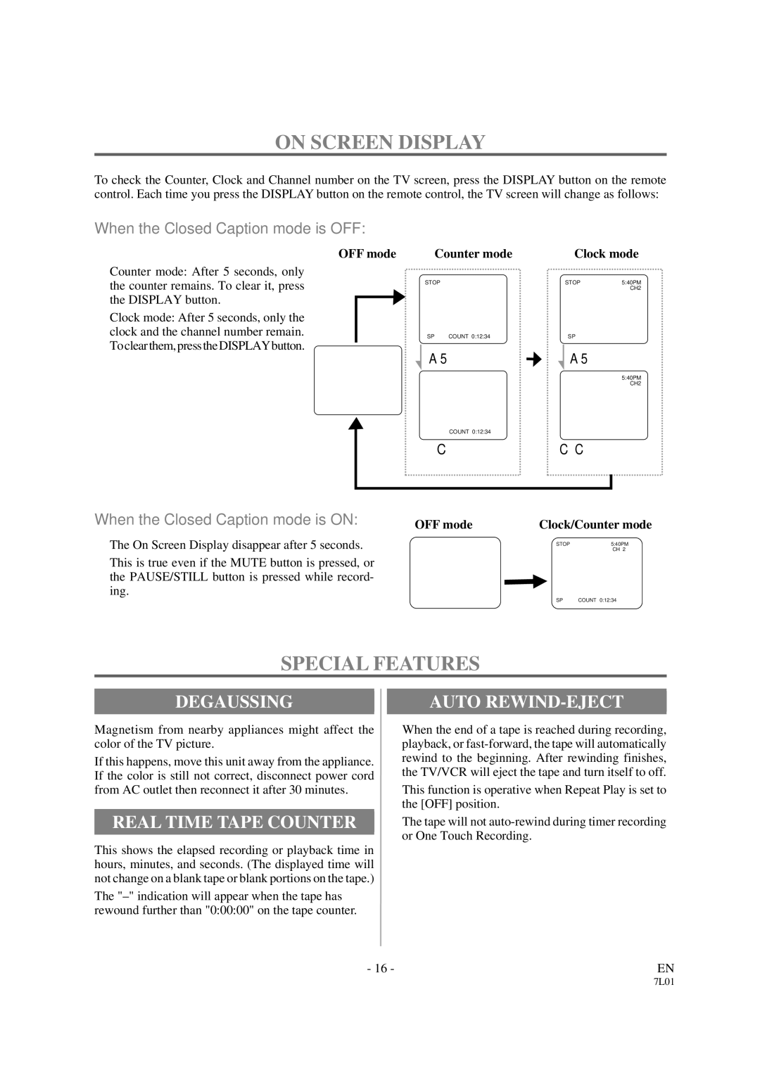 Sylvania 3819LC owner manual On Screen Display, Special Features, Degaussing, Real Time Tape Counter, Auto REWIND-EJECT 