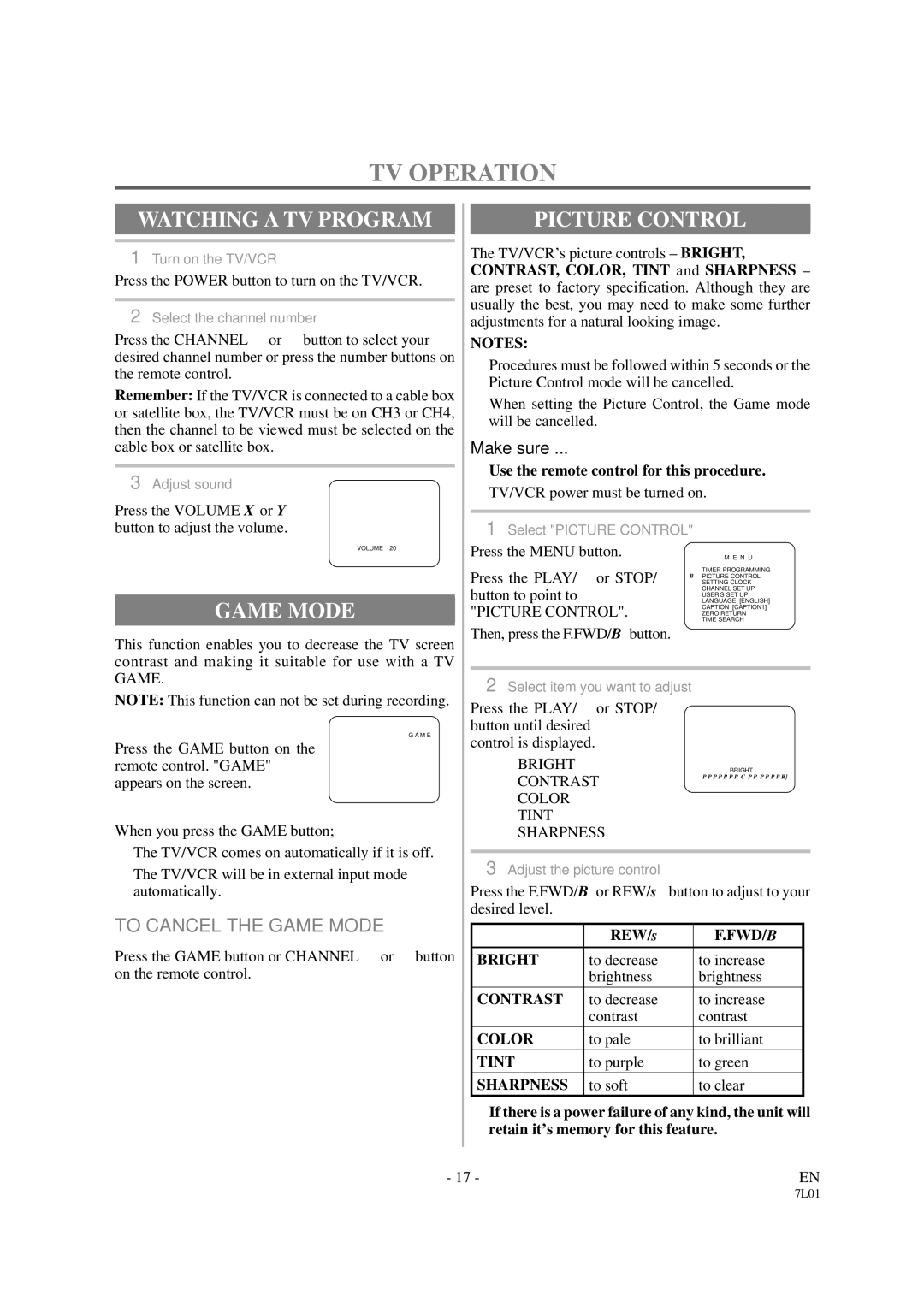 Sylvania 3819LC owner manual TV Operation, Watching a TV Program, Picture Control, To Cancel the Game Mode 