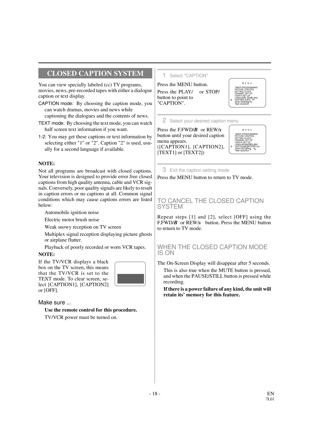 Sylvania 3819LC To Cancel the Closed Caption System, When the Closed Caption Mode is on, CAPTION1, CAPTION2 