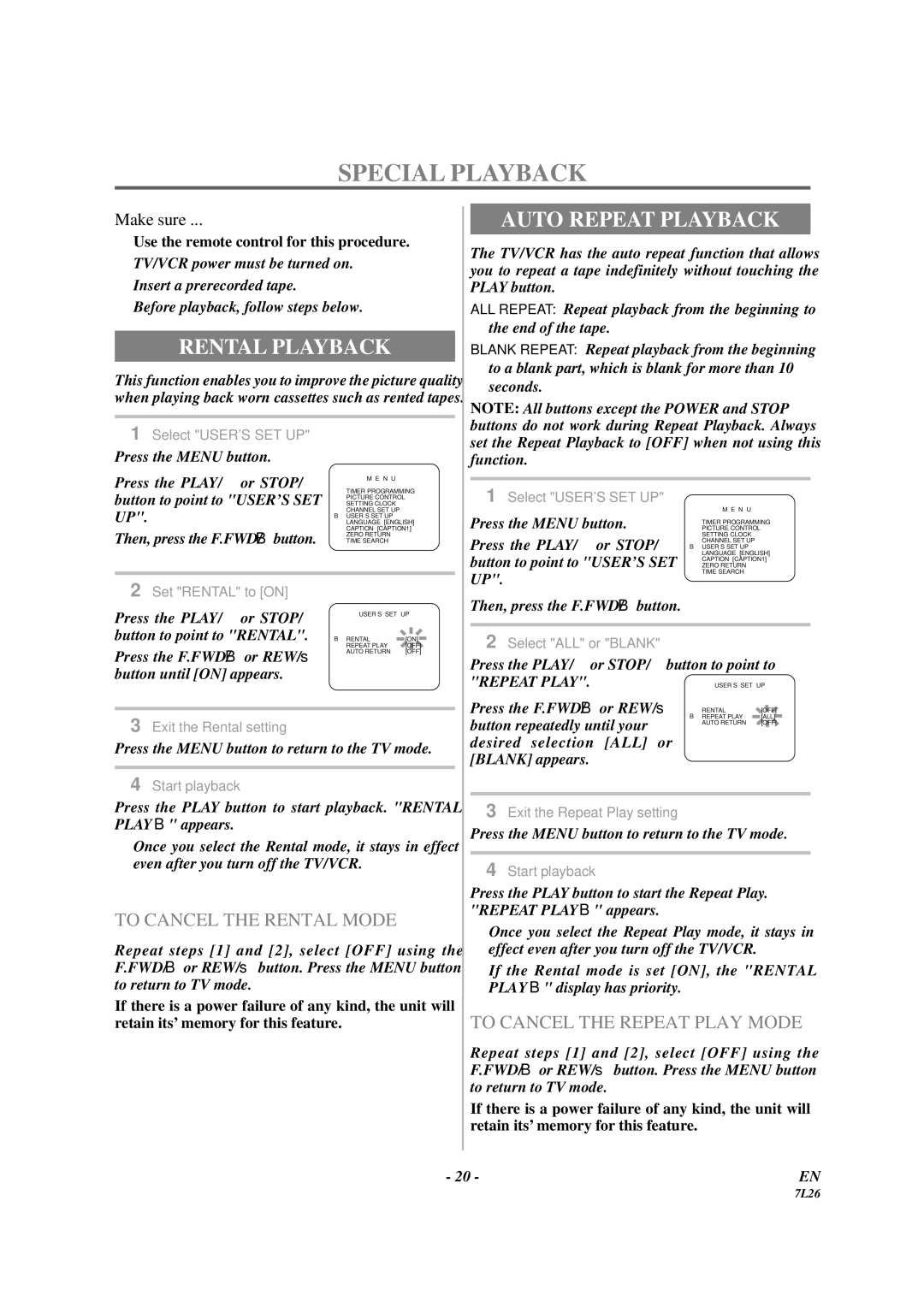 Sylvania 3819LC owner manual Special Playback, Rental Playback, Auto Repeat Playback, To Cancel the Rental Mode 