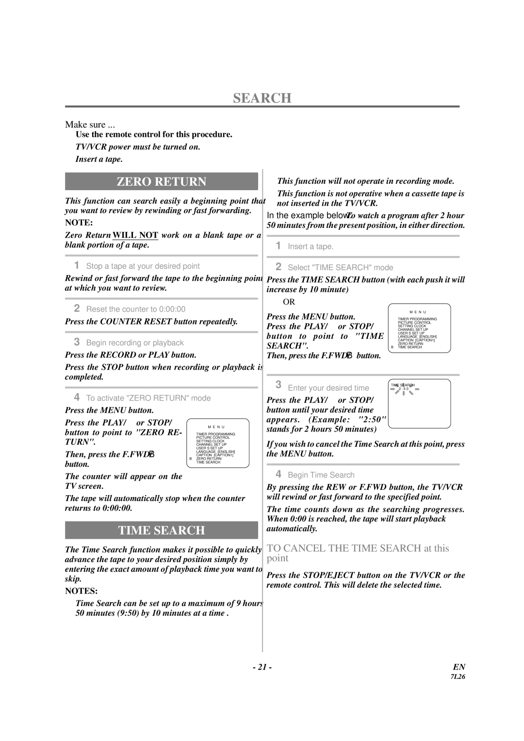 Sylvania 3819LC owner manual Zero Return, Time Search 