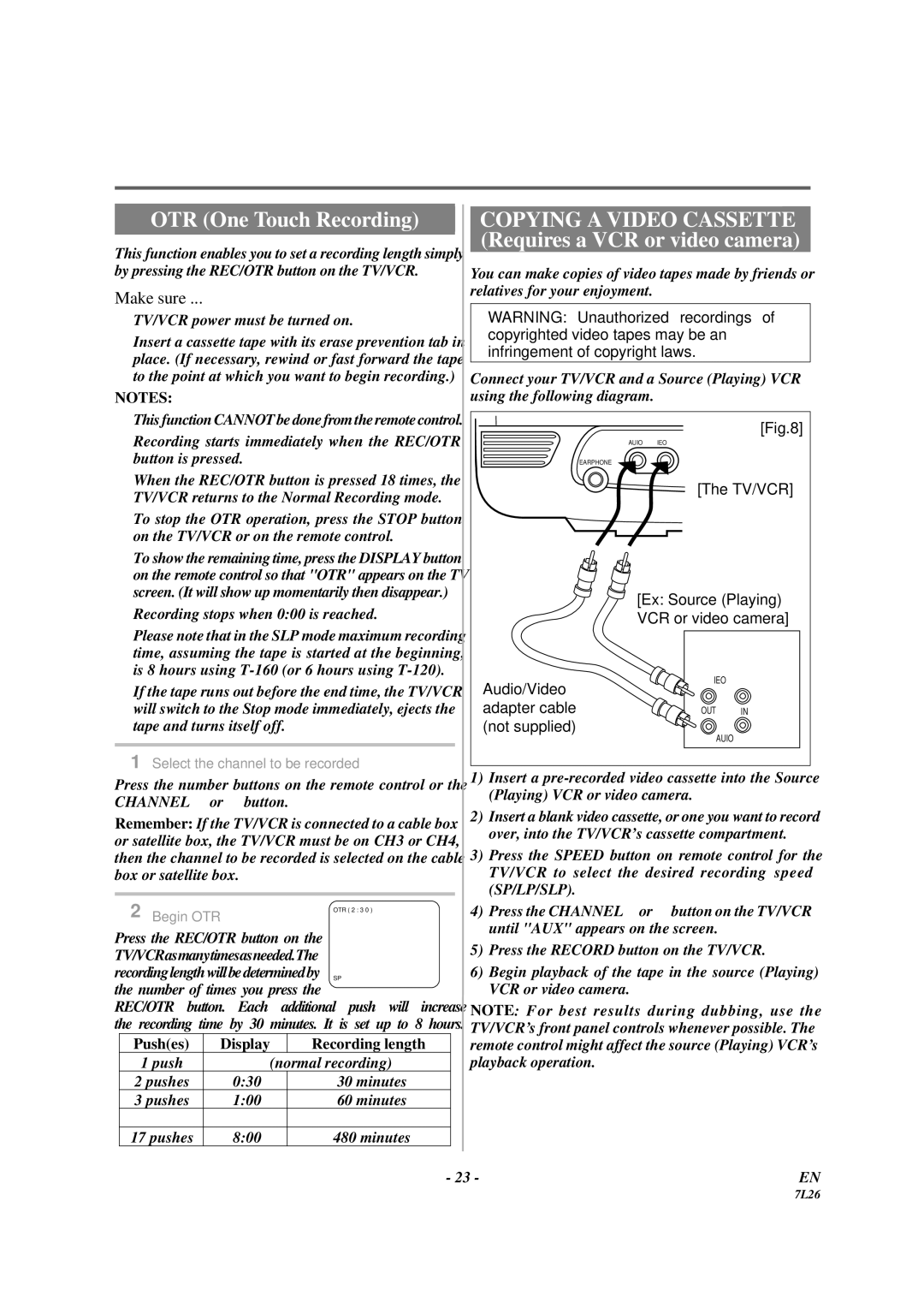 Sylvania 3819LC owner manual OTR One Touch Recording, Sp/Lp/Slp 