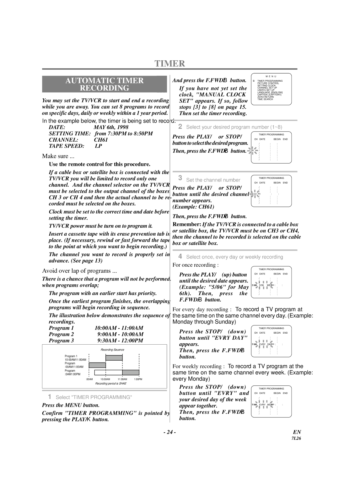 Sylvania 3819LC owner manual Automatic Timer Recording, Channel CH61 Tape Speed LP 