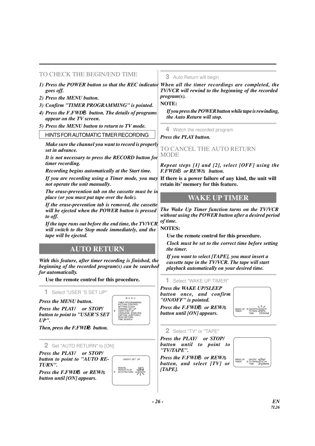 Sylvania 3819LC owner manual Wake UP Timer, To Check the BEGIN/END Time, To Cancel the Auto Return Mode, Turn 