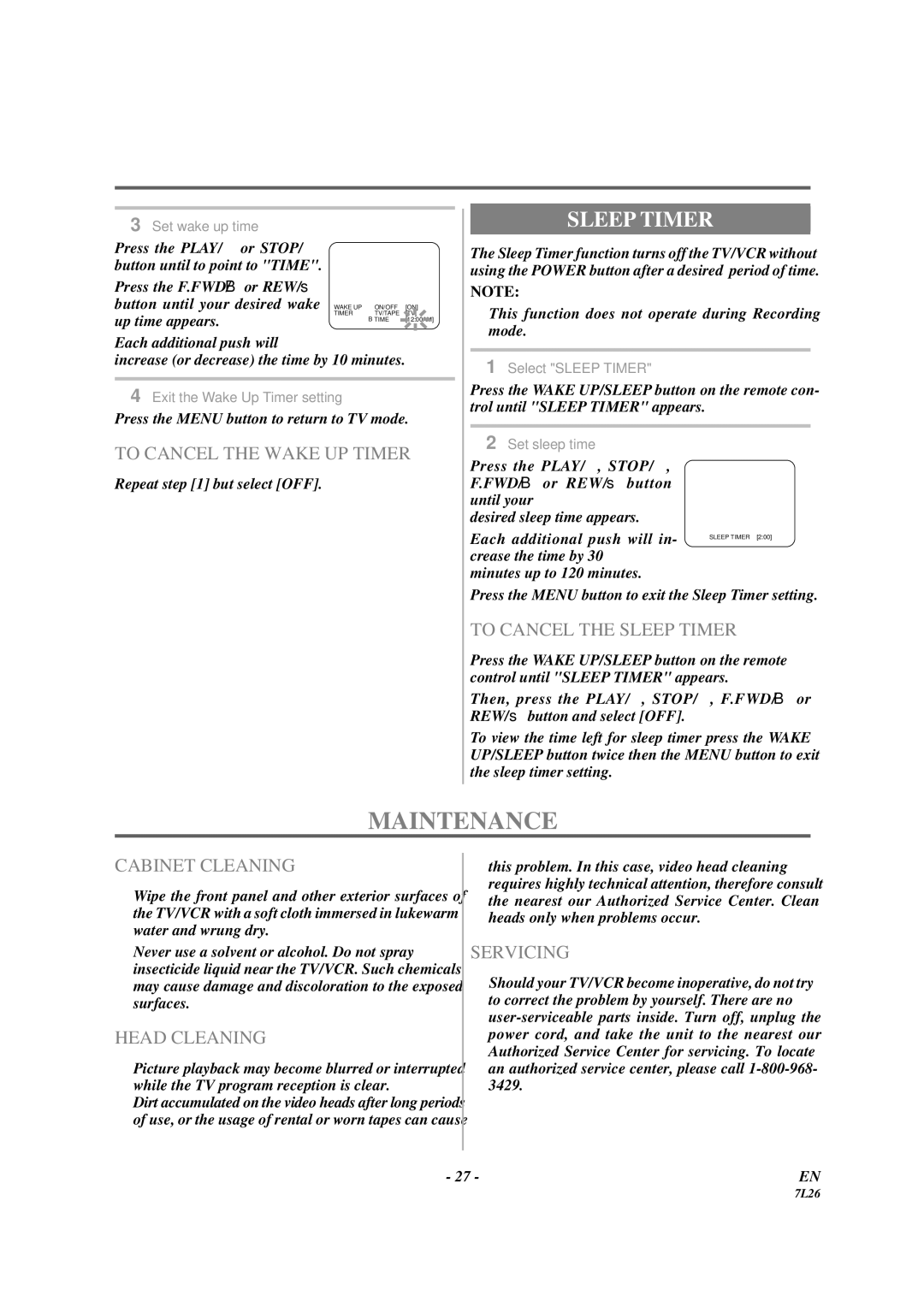 Sylvania 3819LC owner manual Maintenance, Sleep Timer 