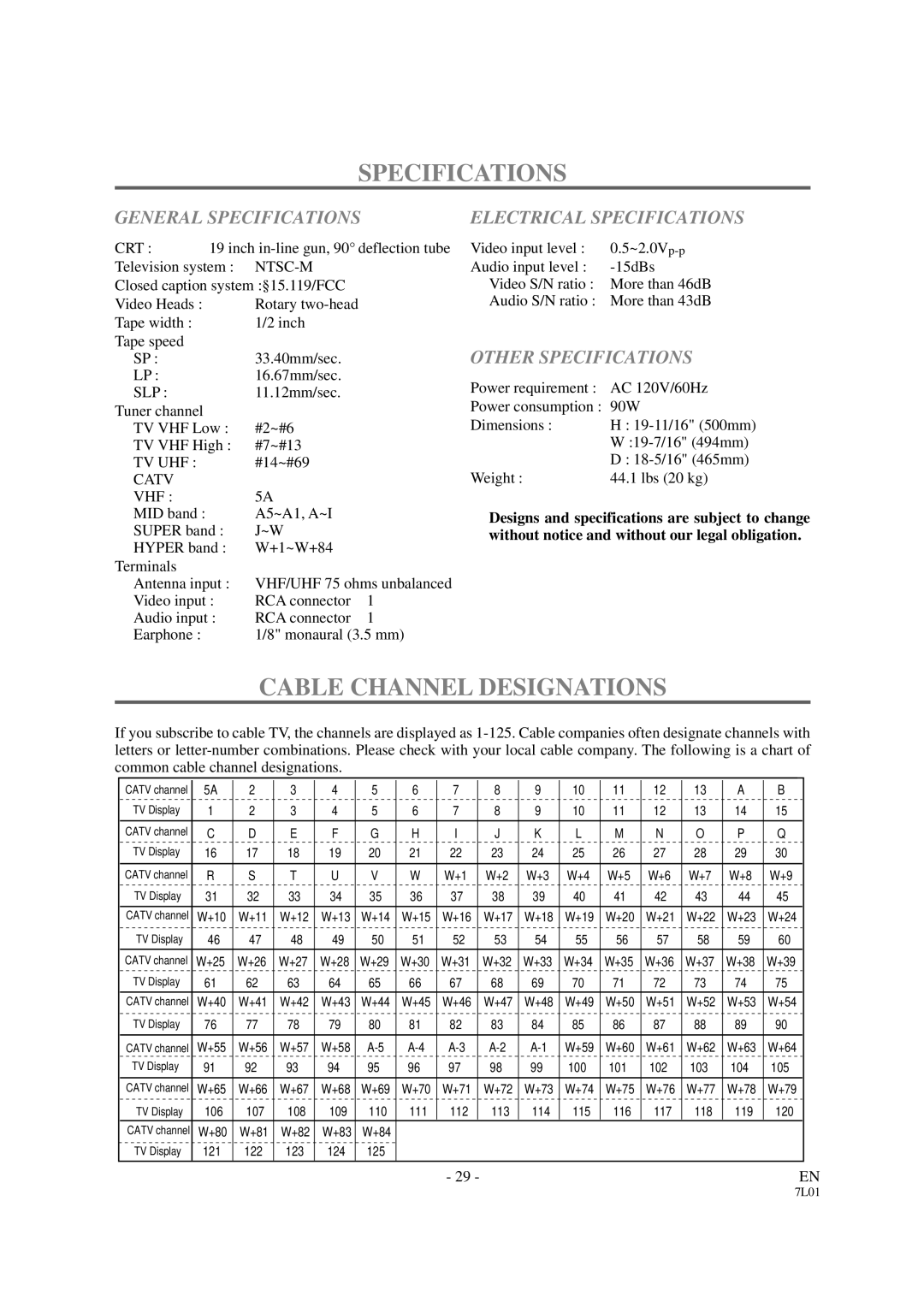 Sylvania 3819LC Cable Channel Designations, General Specifications, Other Specifications, Electrical Specifications 