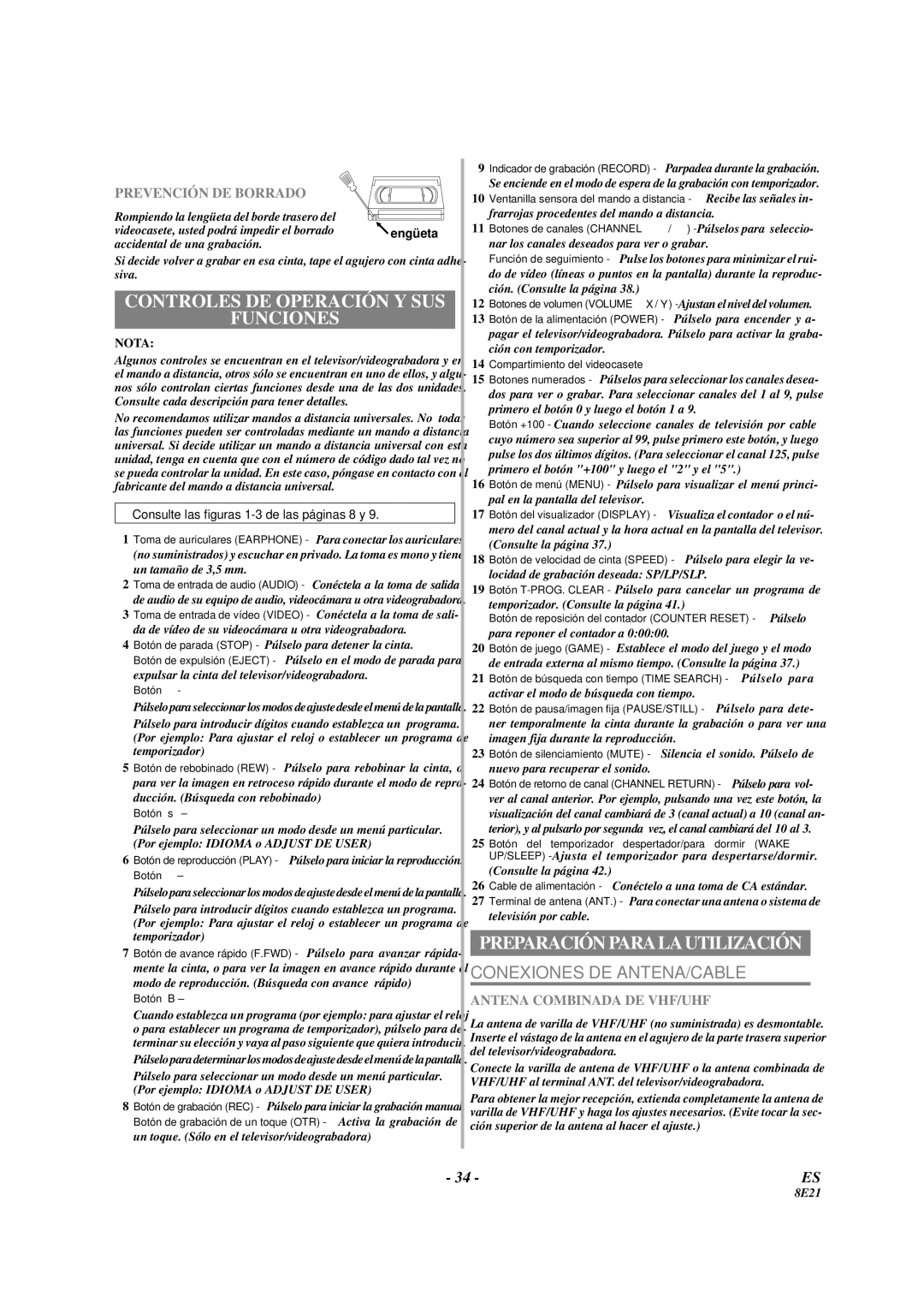 Sylvania 3819LC owner manual Controles DE Operación Y SUS Funciones, Prevención DE Borrado 