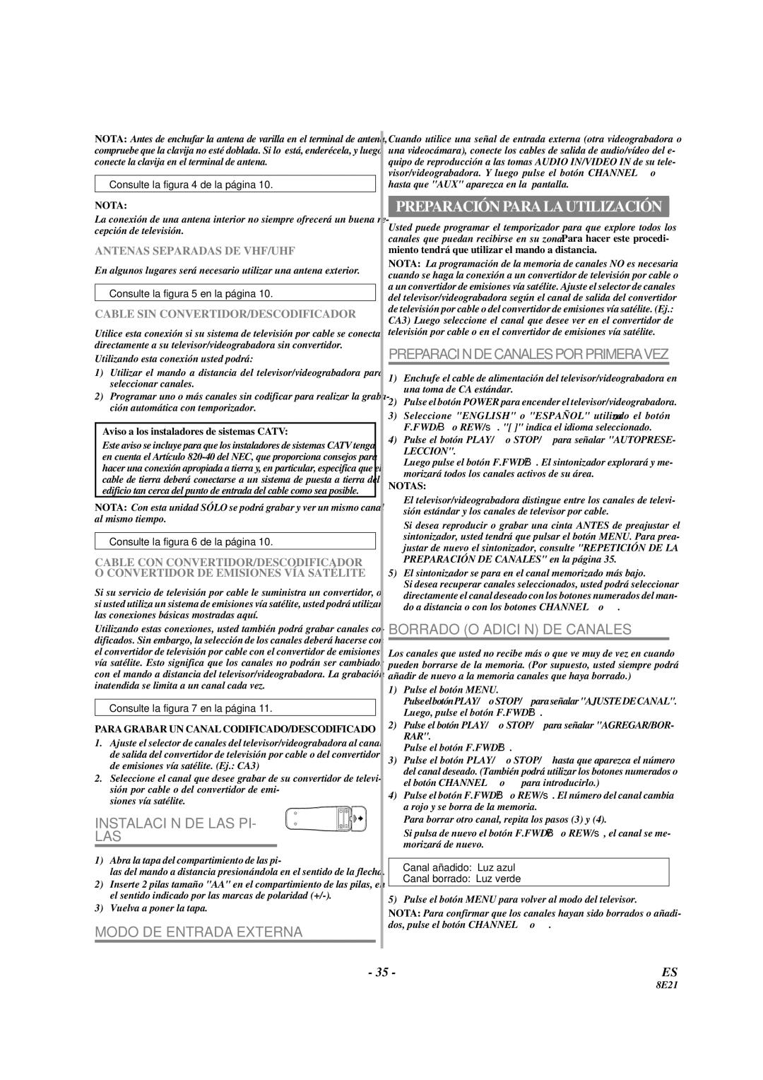 Sylvania 3819LC owner manual Preparación Para LA Utilización, Instalación DE LAS PI, Modo DE Entrada Externa 