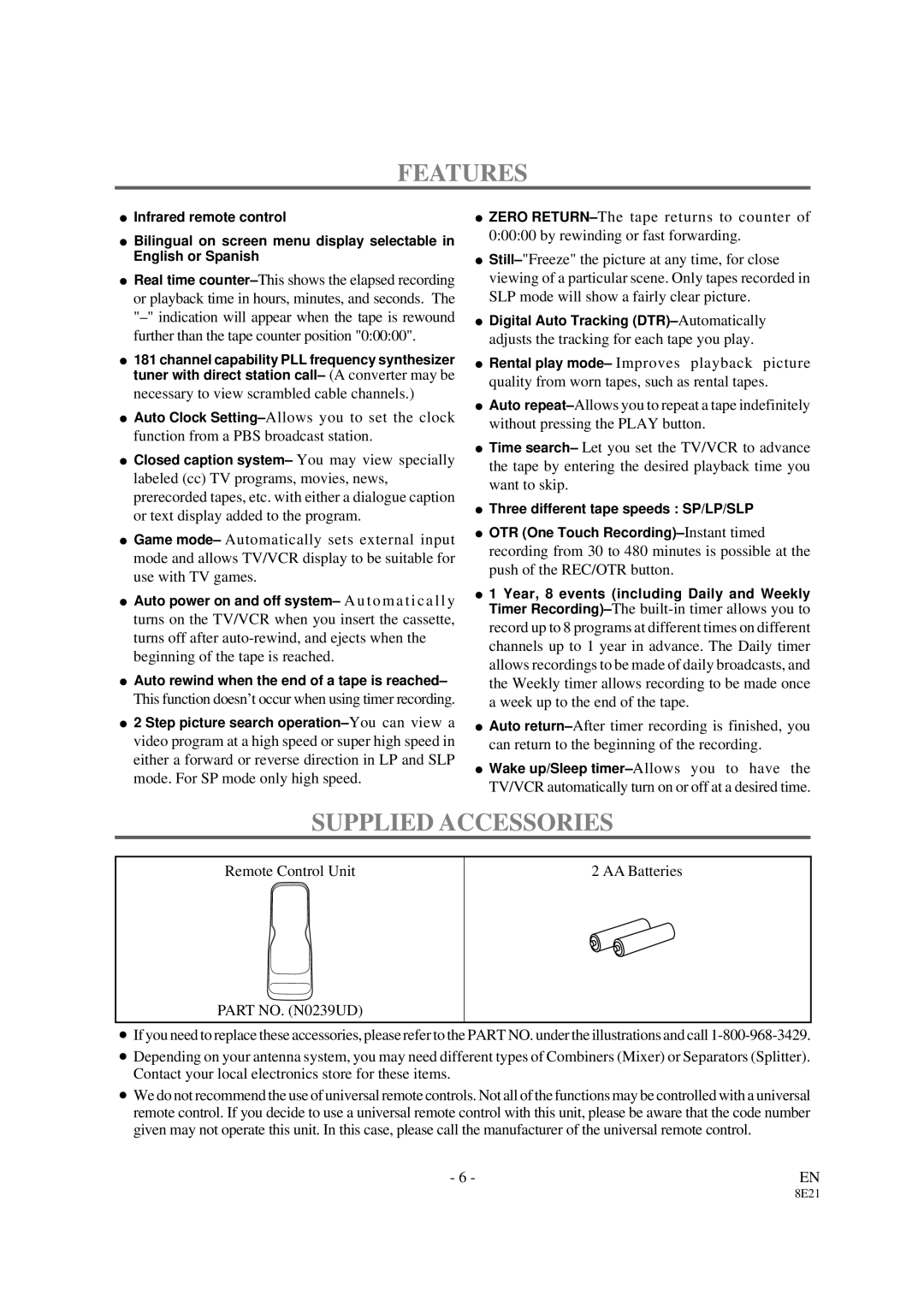 Sylvania 3819LC owner manual Features, Supplied Accessories 