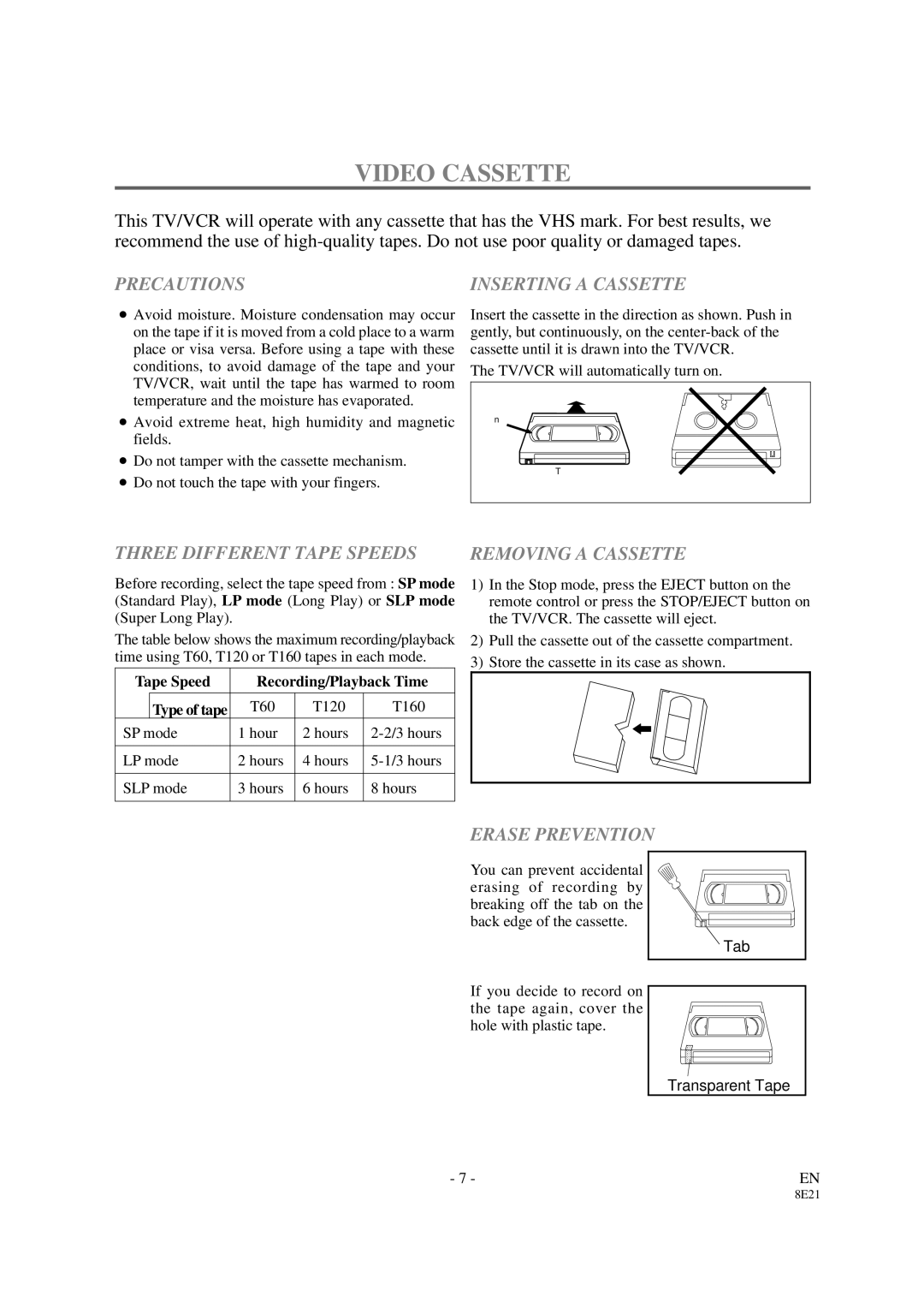 Sylvania 3819LC owner manual Video Cassette, Precautions, Three Different Tape Speeds, Erase Prevention 