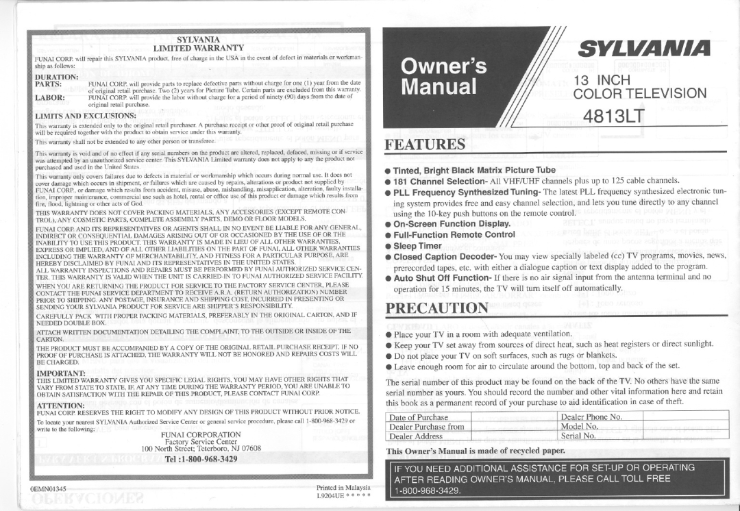 Sylvania 4813LT manual 