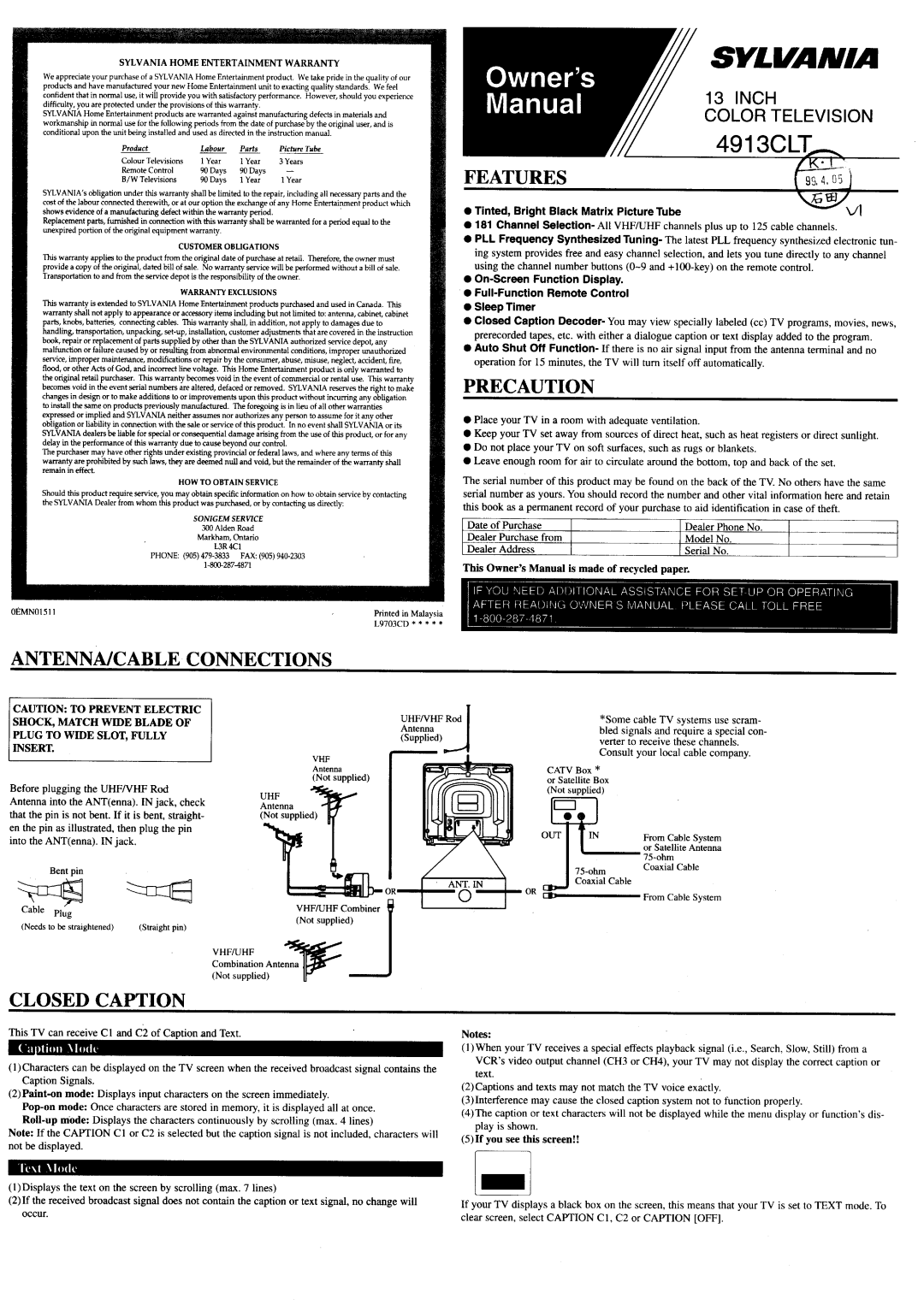 Sylvania 4913CLT manual 