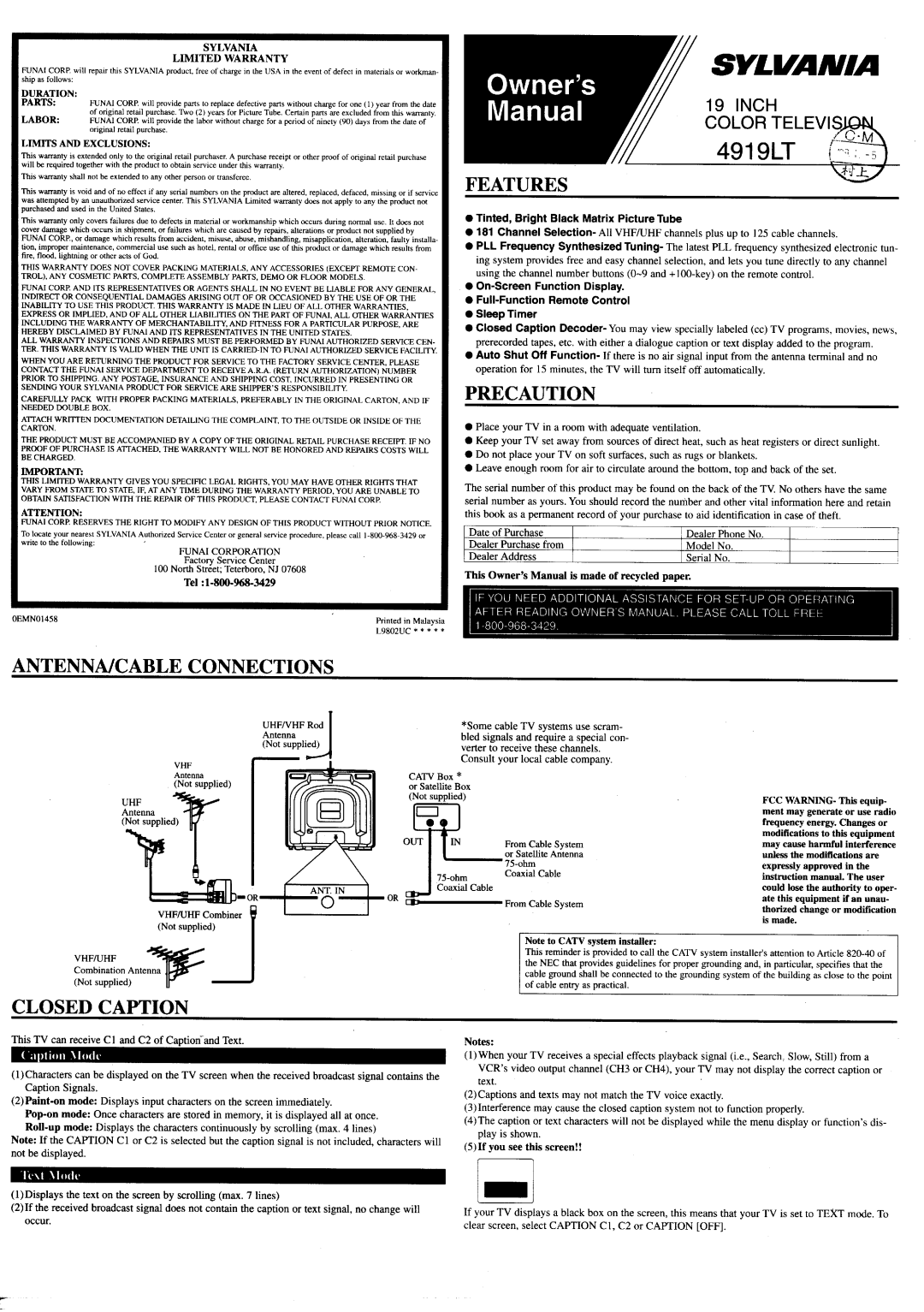 Sylvania 4919LT manual 