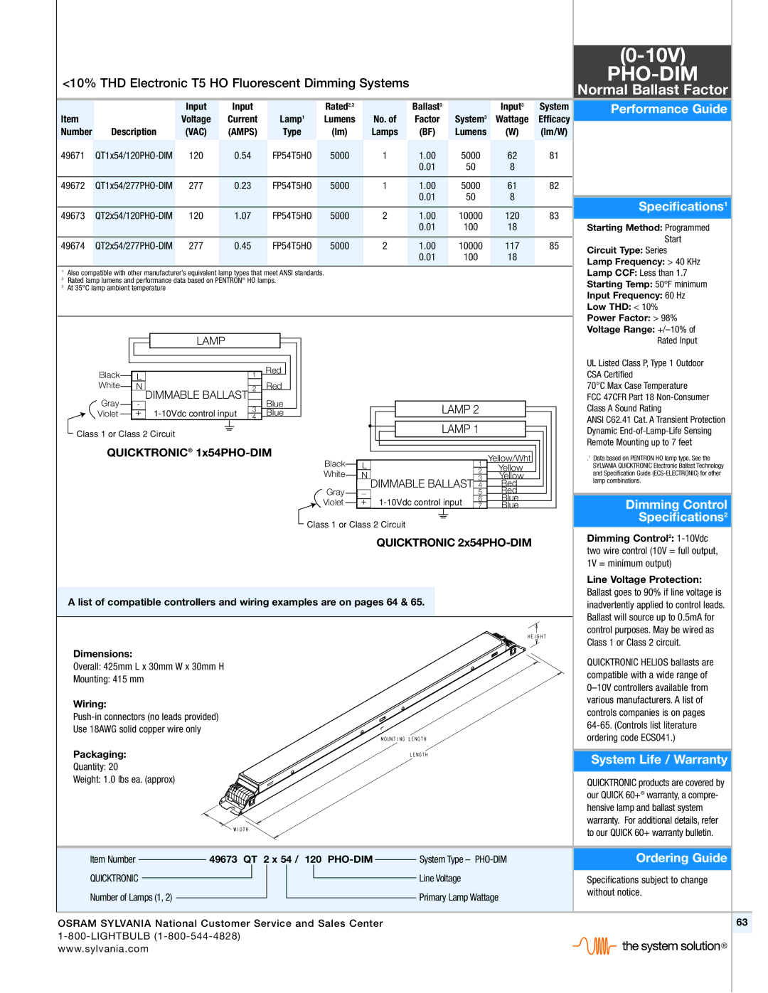 Sylvania T5HO Performance Guide, Speciﬁcations1, Dimming Control Speciﬁcations2, System Life / Warranty, Ordering Guide 